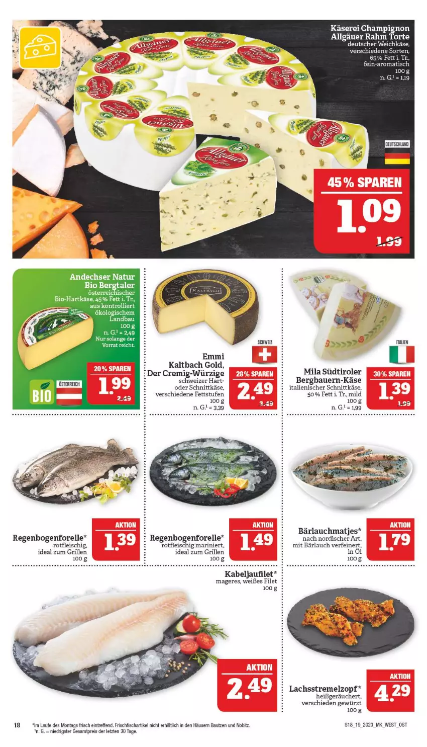 Aktueller Prospekt Marktkauf - Prospekt - von 07.05 bis 13.05.2023 - strona 18 - produkty: andechser natur, auer, Bau, Bauer, bio, champignon, eis, elle, emmi, filet, fisch, fleisch, forelle, frischfisch, gewürz, grill, hartkäse, ideal zum grillen, kabeljaufilet, Käse, lachs, LG, matjes, natur, reis, rel, schnittkäse, südtiroler, tee, Ti, tisch, torte, trolli, ZTE