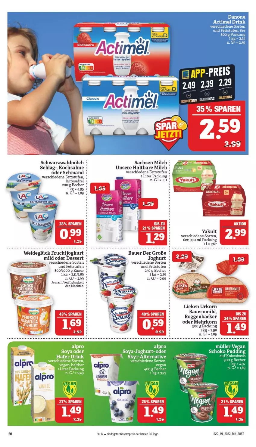 Aktueller Prospekt Marktkauf - Prospekt - von 07.05 bis 13.05.2023 - strona 20 - produkty: actimel, actimel drink, alpro, auer, Bau, Bauer, Becher, danone, danone actimel drink, dessert, drink, eimer, eis, frucht, fruchtjoghurt, hafer, haltbare milch, joghur, joghurt, joghurt mild, korn, lieken, milch, pudding, reis, sac, sahne, schmand, schoko, Skyr, soya, Ti, urkorn, ZTE