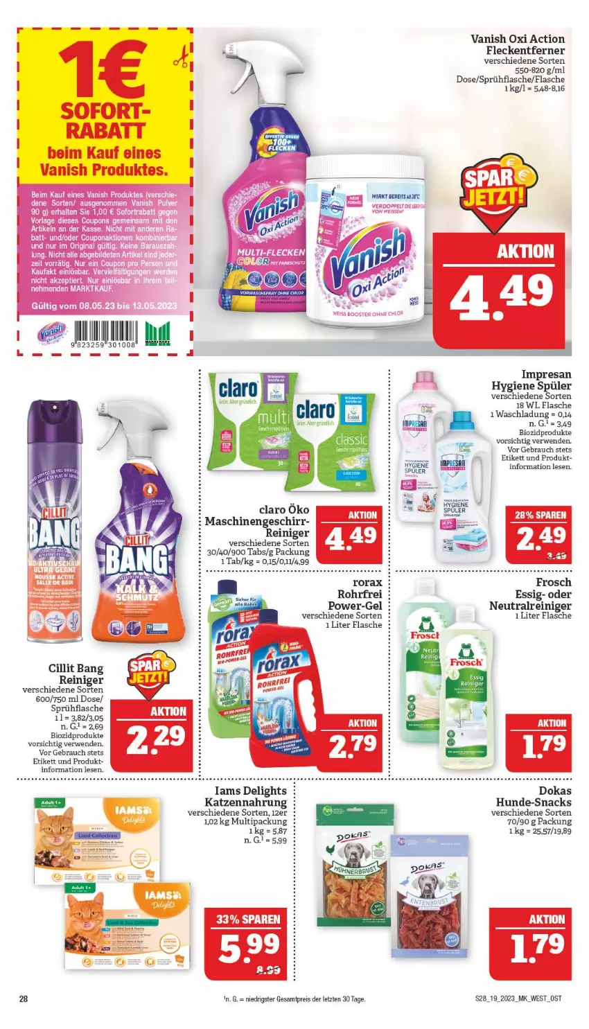 Aktueller Prospekt Marktkauf - Prospekt - von 07.05 bis 13.05.2023 - strona 28 - produkty: bio, biozidprodukte, Cillit, cillit bang, coupon, coupons, eis, essig, flasche, fleckentferner, Frosch, geschirr, katzennahrung, oxi action, power-gel, Rauch, reiniger, reis, resa, rorax, rwe, snack, snacks, sprühflasche, Ti, vanish, vanish oxi action, ZTE