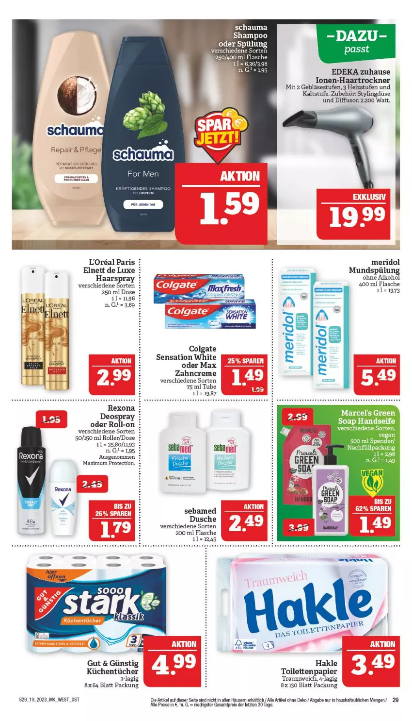 Aktueller Prospekt Marktkauf - Prospekt - von 07.05 bis 13.05.2023 - strona 29 - produkty: colgate, creme, deka, dusche, eis, elnett, flasche, haarspray, haartrockner, hakle, küche, Küchen, küchentücher, l'oreal, LG, meridol, papier, reis, rexona, Roller, schauma, schauma shampoo, sebamed, shampoo, spülung, Ti, toilettenpapier, Trockner, tücher, zahncreme, ZTE