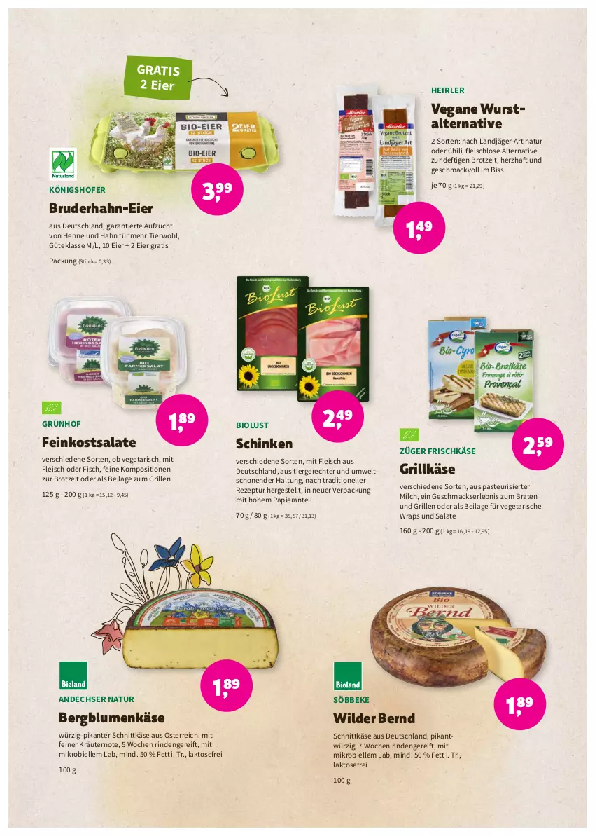 Aktueller Prospekt Denns Biomarkt - Prospekte - von 03.08 bis 16.08.2022 - strona 4 - produkty: andechser natur, bio, blume, blumen, braten, brot, chili, eier, eis, elle, feinkost, feinkostsalate, fisch, fleisch, frischkäse, grill, Grillkäse, ilag, Käse, kräuter, kräutern, landjäger, mac, milch, natur, papier, rezept, rind, salat, salate, schinken, schnittkäse, söbbeke, Ti, Vegeta, Wild, Wilder Bernd, wrap, wraps, wurst