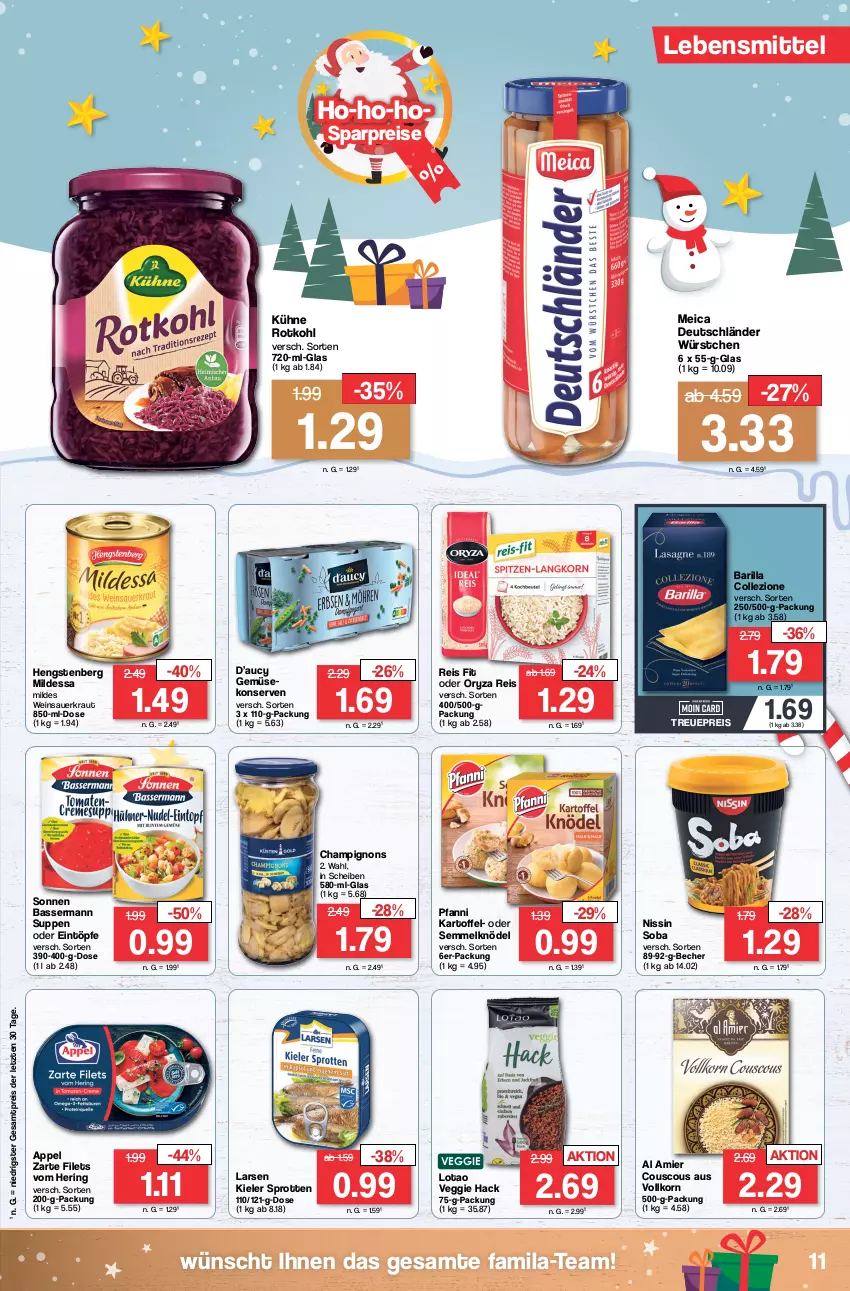 Aktueller Prospekt Famila - Prospekte - von 18.12 bis 23.12.2023 - strona 11 - produkty: auer, barilla, Becher, champignon, champignons, couscous, eintöpfe, eis, filet, filets, hengstenberg, hering, kartoffel, Knödel, Konserven, korn, Kraut, Kühne, lebensmittel, meica, Nissin, oryza, pfanni, reis, ring, rotkohl, Sauerkraut, Semmel, Semmelknödel, Sprotten, suppe, suppen, Ti, veggie, wein, Weinsauerkraut, würstchen, ZTE