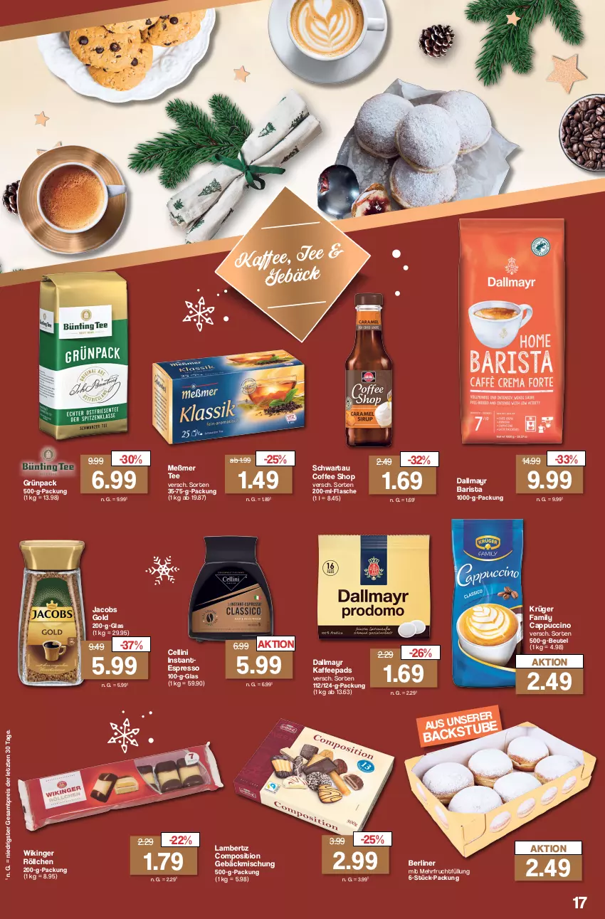 Aktueller Prospekt Famila - Prospekte - von 18.12 bis 23.12.2023 - strona 17 - produkty: Amber, berliner, beutel, Cap, cappuccino, cin, dallmayr, eis, espresso, flasche, frucht, gebäckmischung, jacobs, Jacobs Gold, kaffee, kaffeepads, krüger, lambertz, Meßmer, reis, Schwartau, tee, Ti, ZTE