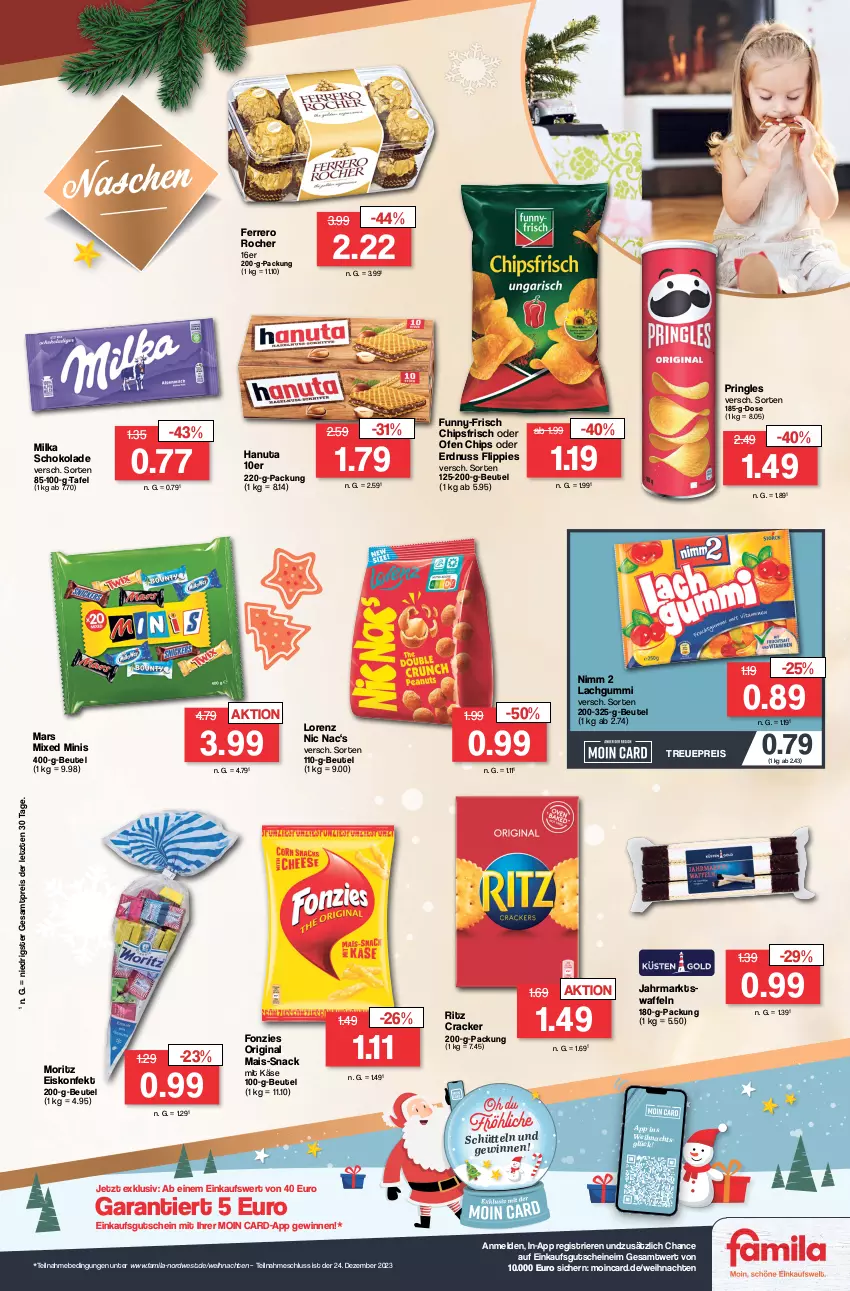 Aktueller Prospekt Famila - Prospekte - von 18.12 bis 23.12.2023 - strona 19 - produkty: beutel, chips, chipsfrisch, cracker, eis, eiskonfekt, erdnuss, ferrero, Ferrero Rocher, flippies, funny-frisch, gin, gutschein, gutscheine, hanuta, Käse, lachgummi, lorenz, mais, mars, milka, milka schokolade, Nimm 2, nuss, Ofen, pringles, reis, ring, schoko, schokolade, snack, Ti, waffeln, weihnachten, ZTE