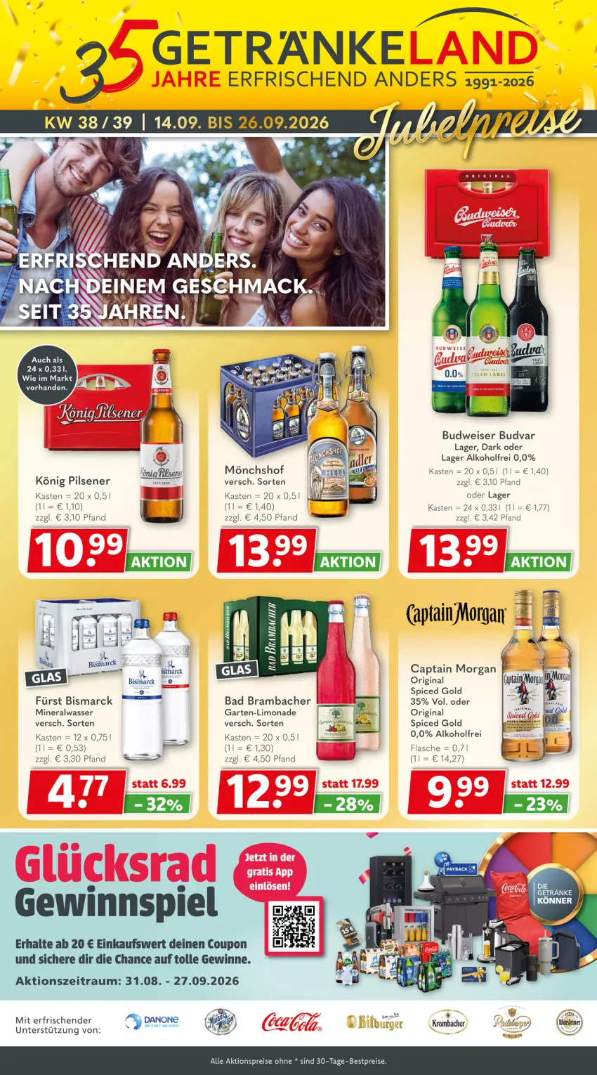 Aktueller Prospekt Getraenkeland - von 14.09 bis 26.09.2026 - strona 1 - produkty: aktionspreis, alkohol, Alwa, Bad, bestpreis, bestpreise, bismarck, budweiser, Cap, captain morgan, coupon, eis, flasche, Garten, getränk, getränke, gewinnspiel, gin, könig pilsener, limo, limonade, mineralwasser, mönchshof, original spiced gold, pils, pilsener, reis, tee, Ti, wasser