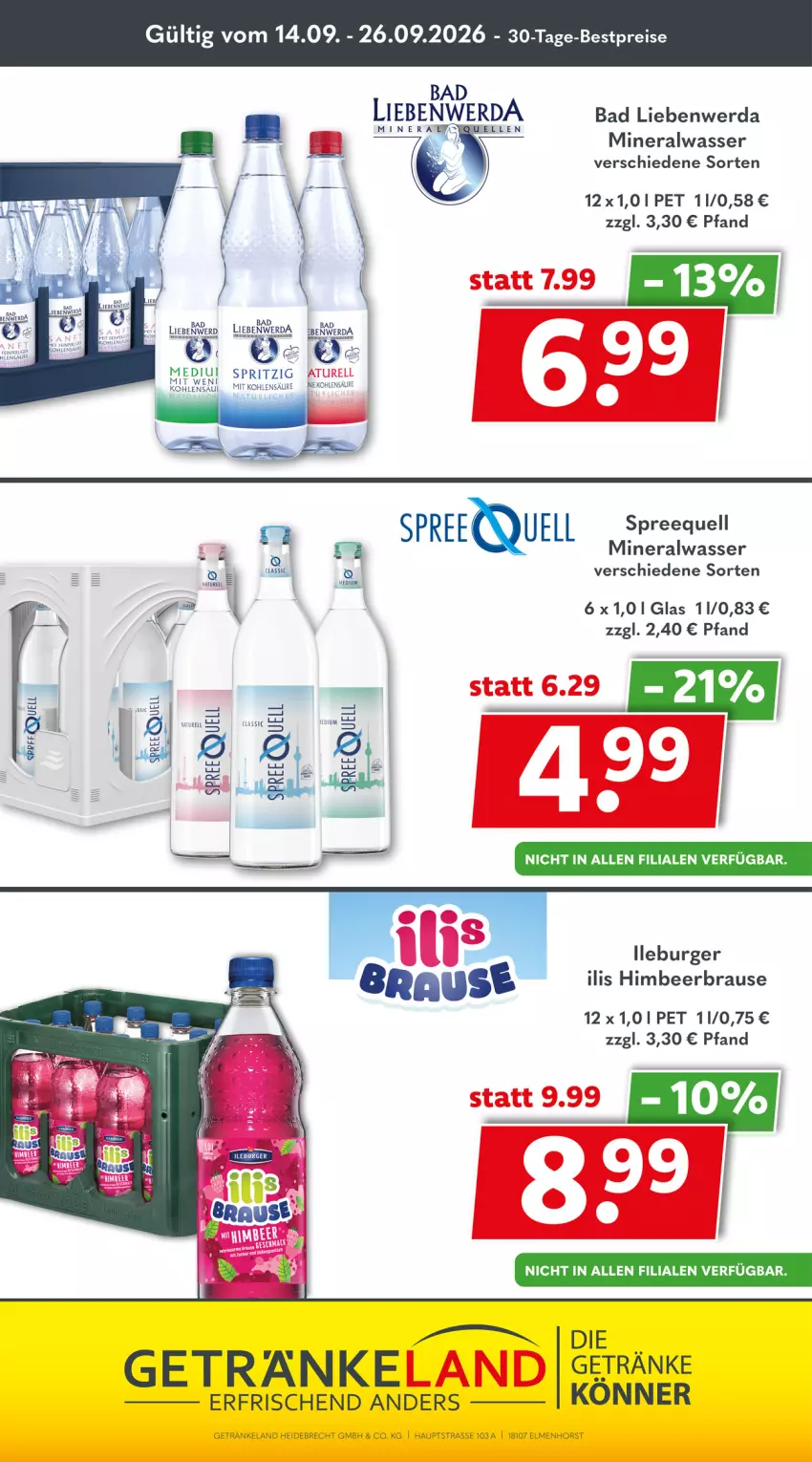 Aktueller Prospekt Getraenkeland - von 14.09 bis 26.09.2026 - strona 10 - produkty: Alwa, Bad, Bad Liebenwerda, bestpreis, bestpreise, brause, burger, eis, Elan, getränk, getränke, himbeer, mineralwasser, reis, rel, Spreequell, Ti, wasser