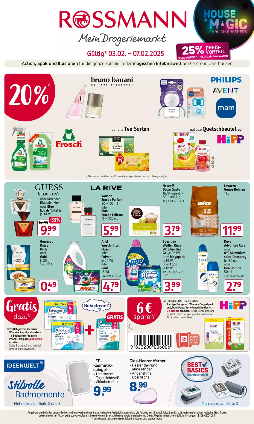 Aktueller Prospekt Rossmann - Prospekte - von 31.01 bis 06.04.2025 - strona 1 - produkty: angebot, angebote, ariel, ariel waschmittel, babydream, Bad, beutel, bio, bohne, bohnen, Cap, coupon, deo, deo roll-on, deospray, dolce gusto, dove, Eau de parfum, eau de toilette, eis, ente, hipp, kosmetik, Kosmetikspiegel, lavazza, lavazza ganze bohne, megaperls, Nescafé, oder deo roll-on, Pants, parfum, Pods, quetschbeutel, roll-on, salz, spee, spiegel, tee, Ti, waschmittel, windeln