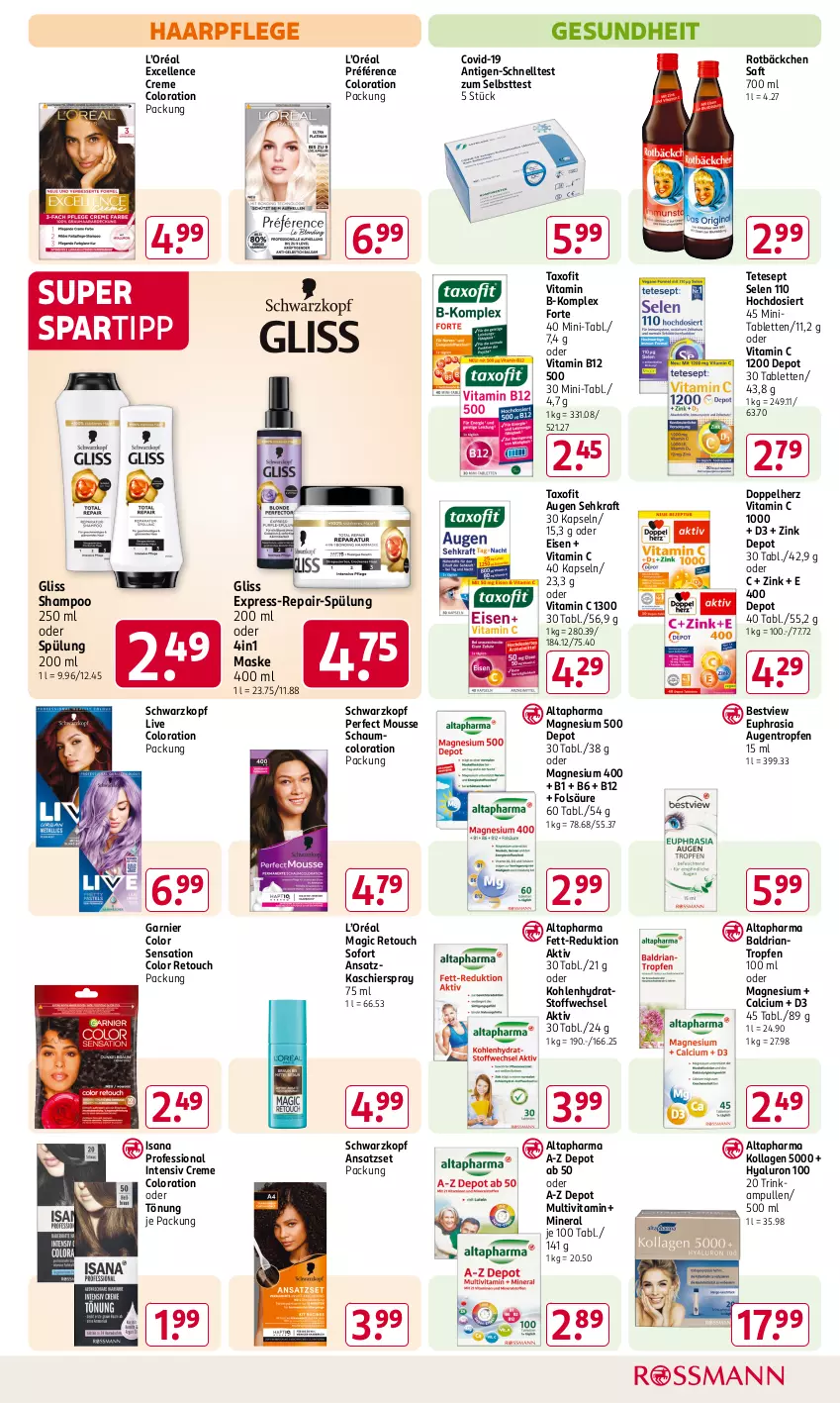 Aktueller Prospekt Rossmann - Prospekte - von 31.01 bis 06.04.2025 - strona 11 - produkty: Altapharma, B-Komplex, Calcium, creme, doppelherz, eis, elle, garnier, Gesundheit, gliss, haarpflege, hyaluron, isana, Kollagen, kraft, magnesium, magnesium 400, Maske, mousse, Ria, saft, sana, Schnelltest, schwarzkop, schwarzkopf, Sehkraft, shampoo, shampoo 250 ml, spartipp, spülung, spülung 200 ml, tablet, tablett, Tablette, Taxofit, Ti, vita, Vitamin B, Vitamin C