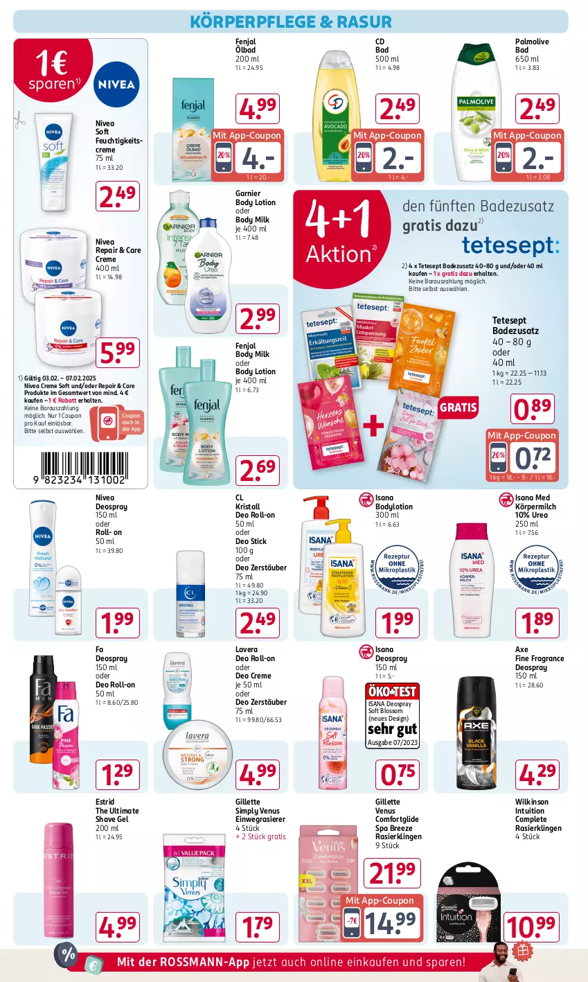 Aktueller Prospekt Rossmann - Prospekte - von 31.01 bis 06.04.2025 - strona 12 - produkty: axe, Bad, body, body lotion, body milk, bodylotion, bree, coupon, creme, deo, deo roll-on, deospray, deospray 150 ml, einwegrasierer, feuchtigkeitscreme, garnier, gillette, gillette venus, isana, körperpflege, lavera, Lotion, milch, nivea, oder deo roll-on, olive, palmolive, rasierer, Rasierklinge, rasierklingen, roll-on, sana, sim, Ti, venus, wilkinson