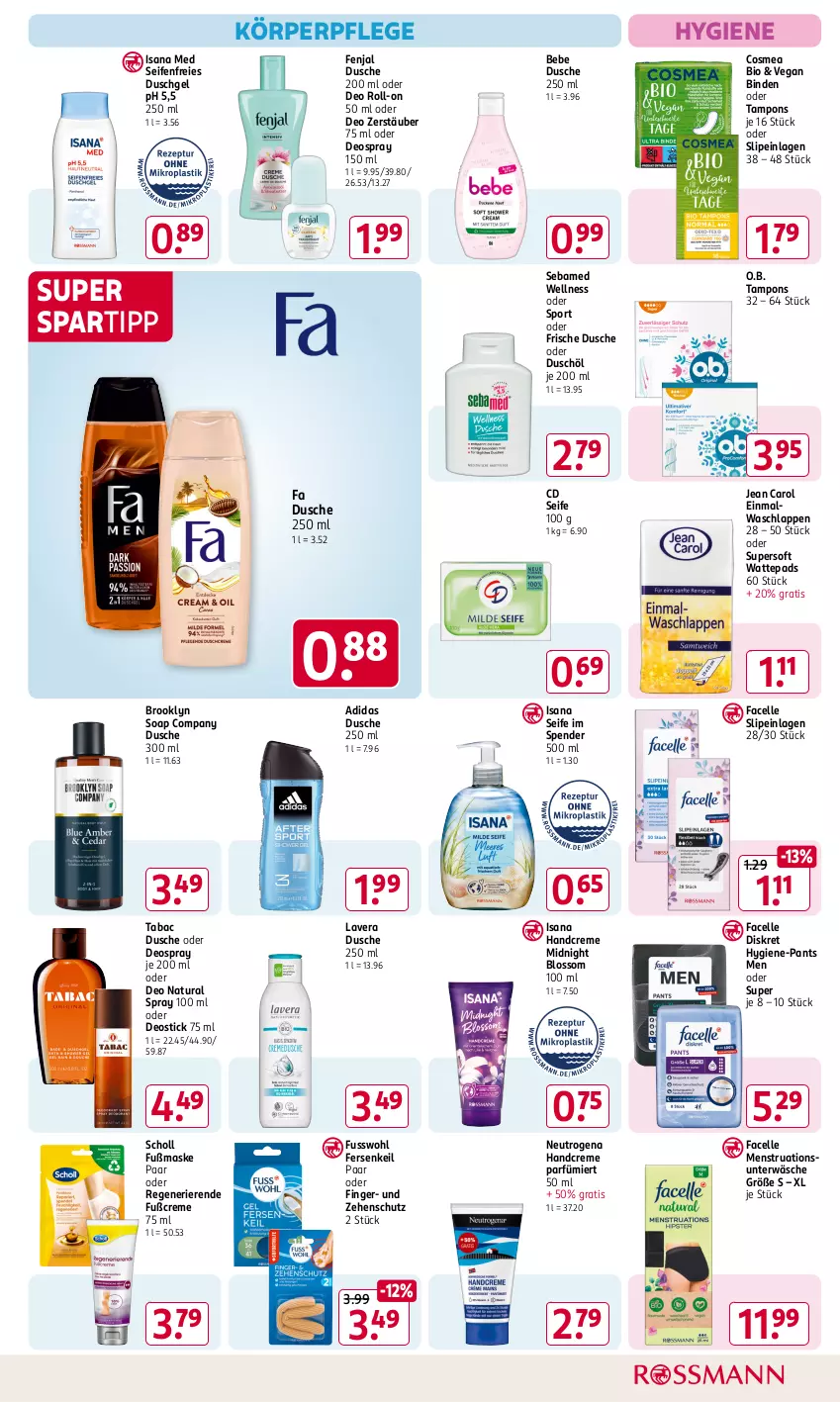 Aktueller Prospekt Rossmann - Prospekte - von 31.01 bis 06.04.2025 - strona 13 - produkty: Adidas, Alwa, Bebe, binden, bio, cosmea, creme, deo, deo roll-on, deospray, deospray 150 ml, Deostick, dusche, duschgel, Einmalwaschlappen, elle, Facelle, Fusswohl, handcreme, Hygiene-Pants, isana, Jean Carol, körperpflege, lavera, Maske, natur, natura, neutrogena, O.b., oder deo roll-on, oder deospray, Pants, roll-on, sana, scholl, sebamed, Seife, slip, slipeinlagen, spartipp, Sport, Tampon, tampons, Ti, Unterwäsche, waschlappen, wattepads