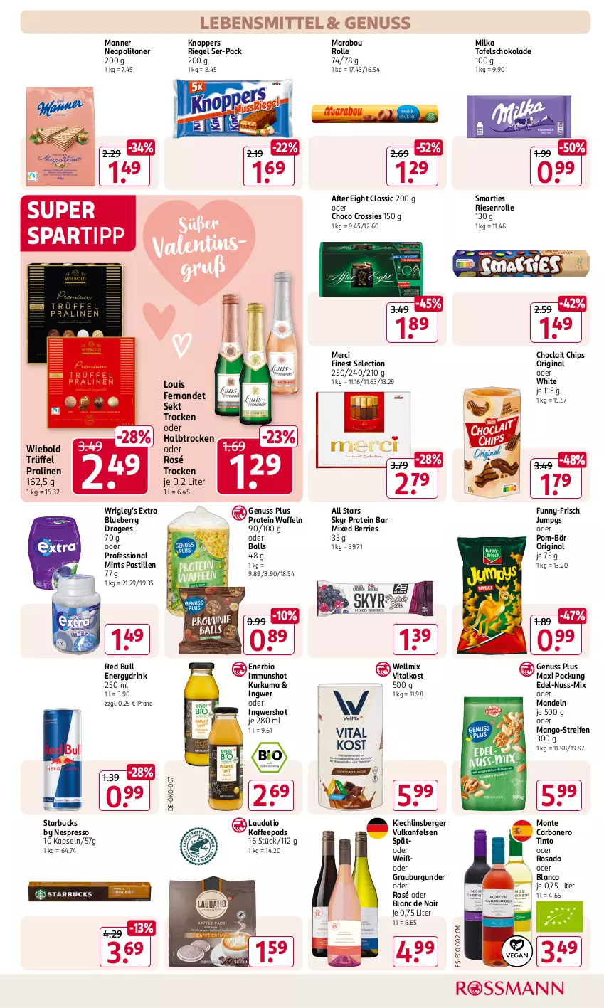 Aktueller Prospekt Rossmann - Prospekte - von 31.01 bis 06.04.2025 - strona 15 - produkty: after eight, asti, ball, Berger, bio, blueberry, burgunder, chips, choclait chips, choco crossies, crossies, drink, espresso, funny-frisch, gin, grauburgunder, ingwer, kaffee, kaffeepads, knoppers, lebensmittel, mandel, mandeln, mango, Manner, Marabou, merci, milka, mint, monte, nero, nespresso, nuss, pom-bär, pralinen, red bull, reifen, riegel, schoko, schokolade, sekt, Skyr, smarties, spartipp, starbucks, tafelschokolade, Ti, Trüffel, vita, waffeln