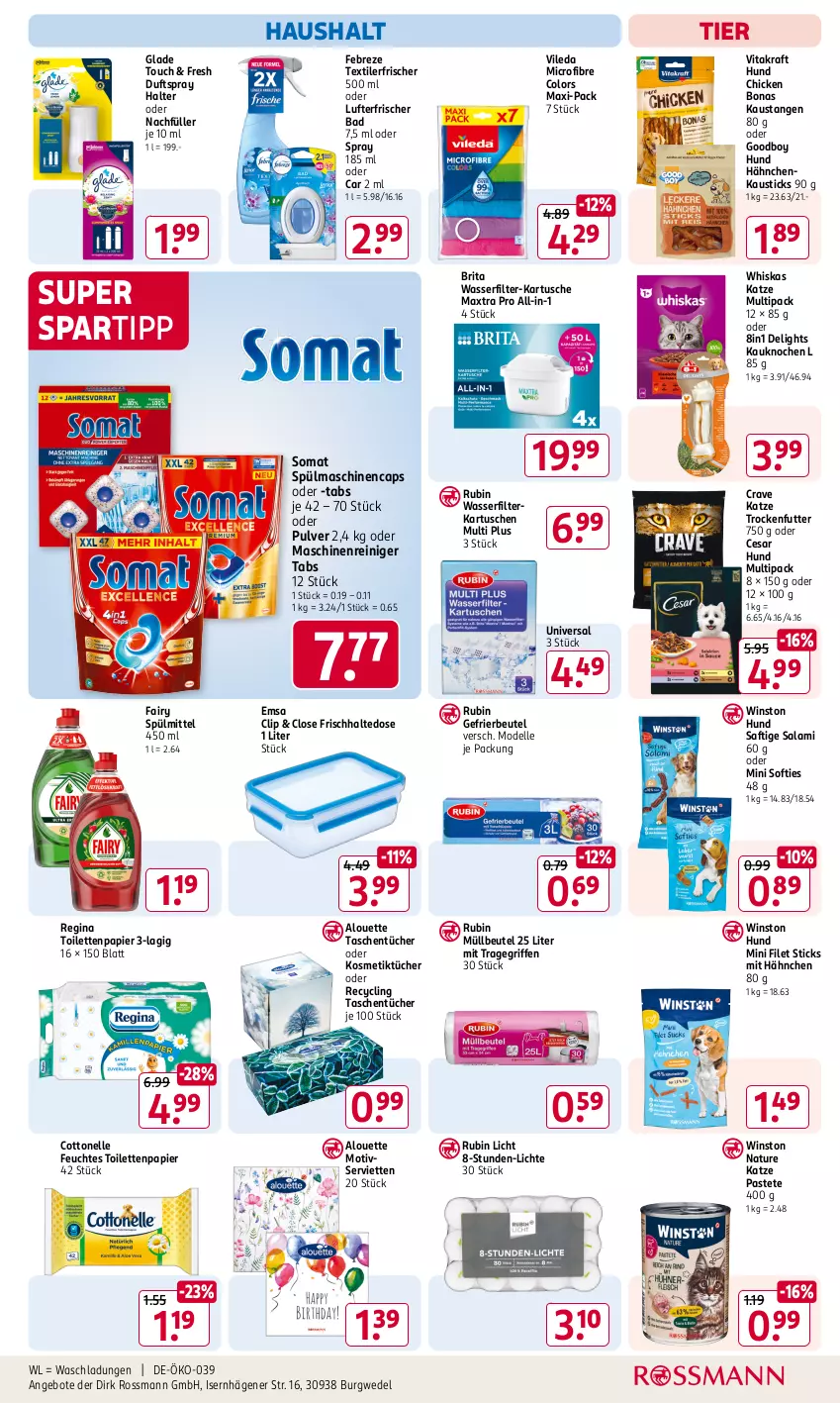 Aktueller Prospekt Rossmann - Prospekte - von 31.01 bis 06.04.2025 - strona 17 - produkty: alouette, angebot, angebote, aust, Bad, beutel, Bona, brita, Cap, Clin, cottonelle, dell, Duftspray, elle, emsa, fairy, febreze, feuchtes toilettenpapier, filet, filterkartuschen, gefrierbeutel, gin, Glade, kosmetik, Kosmetiktücher, kraft, lufterfrischer, maschinenreiniger, Maxtra, Mode, müllbeutel, natur, papier, pastete, reiniger, Rubin, saft, salami, Serviette, servietten, somat, spartipp, spülmaschinen, spülmittel, Tasche, taschen, taschentücher, Textilerfrischer, Ti, toilettenpapier, tragegriff, trockenfutter, tücher, vileda, vita, vitakraft, wasser, wasserfilter, wedel, whiskas