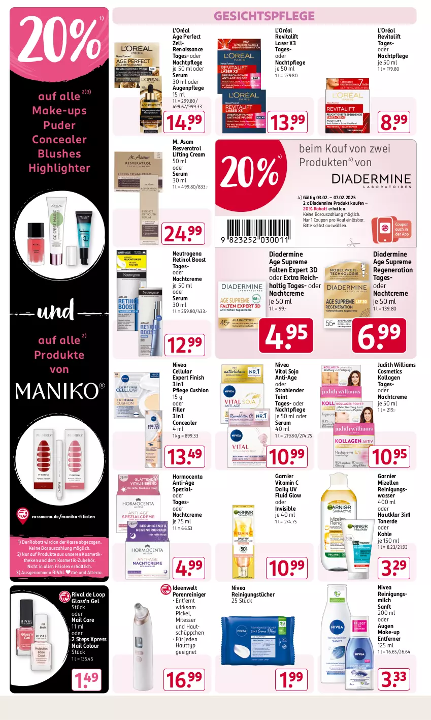 Aktueller Prospekt Rossmann - Prospekte - von 31.01 bis 06.04.2025 - strona 8 - produkty: alterra, Augenpflege, coupon, creme, Diadermine, elle, erde, Finish, garnier, gesichtspflege, gsw, Kollagen, kosmetik, Make-up, milch, mizellen, Mizellen Reinigungswasser, nachtcreme, nachtpflege, neutrogena, nivea, reiniger, Reinigung, Reinigungsmilch, Revital, revitalift, rum, Serum, soja, Spezi, Ti, Toner, tücher, vita, Vitamin C, wasser