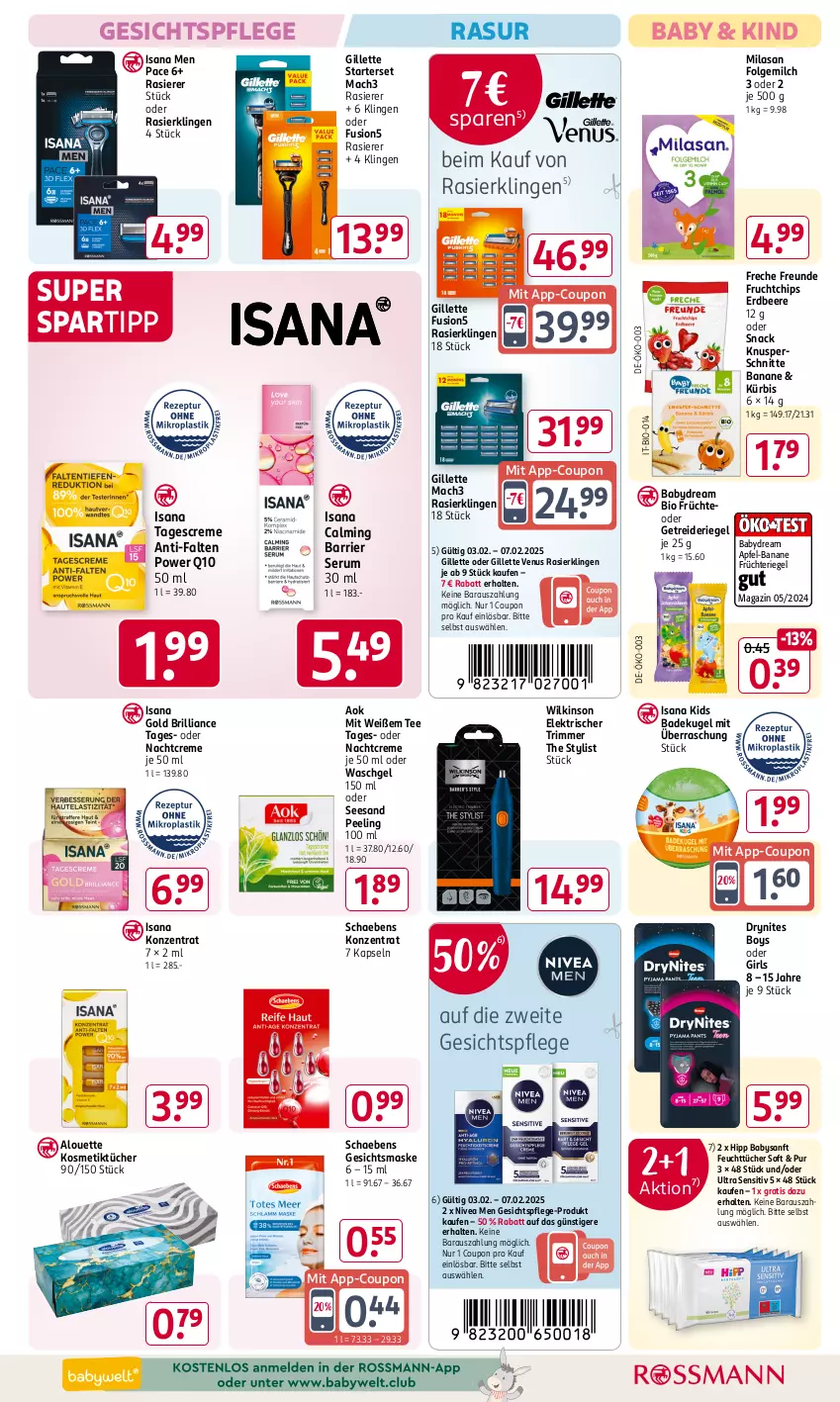 Aktueller Prospekt Rossmann - Prospekte - von 31.01 bis 06.04.2025 - strona 9 - produkty: alouette, apfel, babydream, Bad, banane, beere, bio, chips, coupon, creme, DryNites, erdbeere, feuchttücher, folgemilch, freche freunde, frucht, früchte, fusion5, Gesichtsmaske, gesichtspflege, Getreideriegel, gillette, gillette venus, hipp, isana, kosmetik, Kosmetiktücher, Kugel, Kürbis, LG, mac, mach3, magazin, Maske, milch, nachtcreme, nivea, Nivea Men, Peeling, Q10, rasierer, Rasierklinge, rasierklingen, riegel, rum, sana, Schaebens, Serum, snack, spartipp, tagescreme, tee, Ti, tücher, venus, waschgel, wilkinson