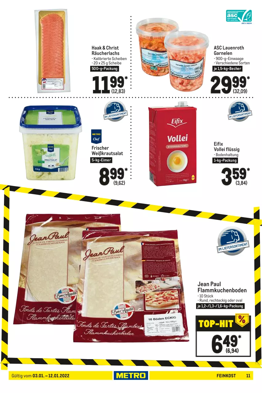 Aktueller Prospekt Metro - GastroJournal - von 03.01 bis 12.01.2022 - strona 11 - produkty: Becher, brie, eimer, feinkost, flammkuchen, garnelen, Kraut, krautsalat, kuchen, lachs, lamm, Räucherlachs, salat, Ti, Waage