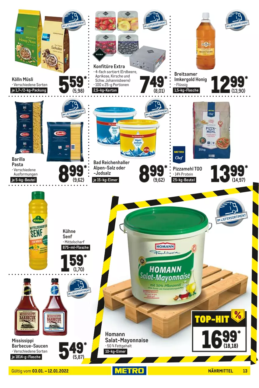 Aktueller Prospekt Metro - GastroJournal - von 03.01 bis 12.01.2022 - strona 13 - produkty: aprikose, Bad, barbecue, barilla, beere, beutel, Brei, eimer, erdbeere, flasche, homann, honig, johannisbeere, kirsch, kirsche, kölln, konfitüre, konfitüre extra, Kühne, kühne senf, mayonnaise, mehl, müsli, pasta, pizza, Pizzamehl, salat, salz, sauce, saucen, senf, Ti, Yo