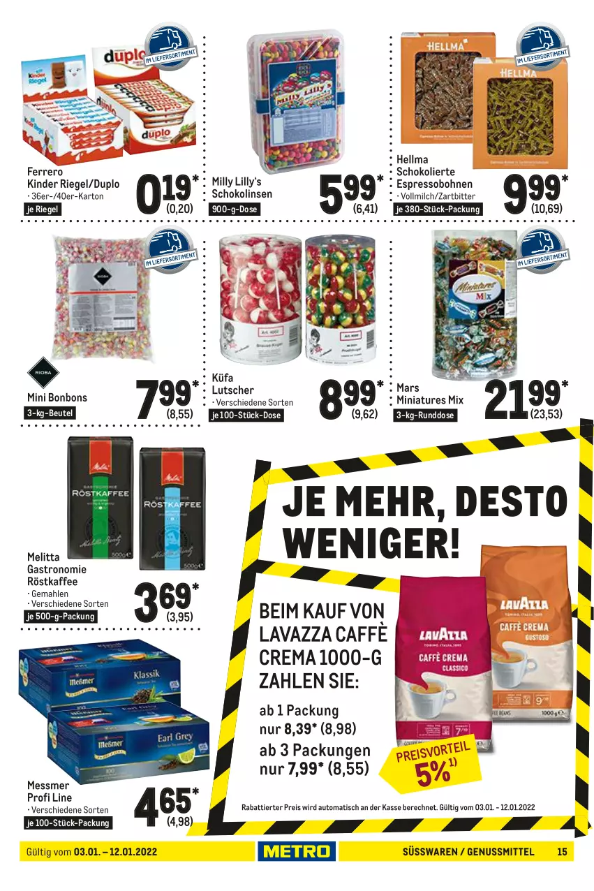 Aktueller Prospekt Metro - GastroJournal - von 03.01 bis 12.01.2022 - strona 15 - produkty: auto, beutel, bohne, bohnen, bonbons, caffè crema, duplo, eis, espresso, ferrero, kaffee, Kinder, kinder riegel, lavazza, linsen, Lutscher, mars, melitta, milch, nuss, reis, riegel, röstkaffee, schoko, Schokolinsen, süsswaren, Ti, tisch, vollmilch