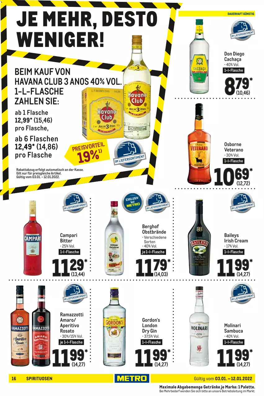 Aktueller Prospekt Metro - GastroJournal - von 03.01 bis 12.01.2022 - strona 16 - produkty: amaro, aperitivo rosato, auto, baileys, cachaça, campari, dry gin, eis, flasche, getränk, getränke, gin, gordon, Havana Club, irish cream, LG, london dry, london dry gin, Molinari, obst, osborne, Palette, rama, ramazzott, ramazzotti, reis, rosato, sambuca, spirituosen, Ti, tisch, veterano, zott