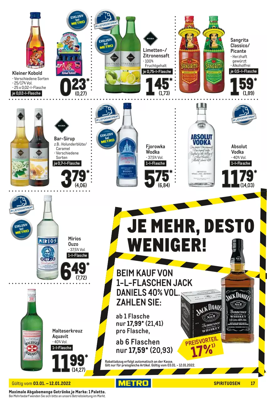 Aktueller Prospekt Metro - GastroJournal - von 03.01 bis 12.01.2022 - strona 17 - produkty: Absolut Vodka, alkohol, aqua, aquavit, auto, Blüte, caramel, classico, eis, flasche, frucht, getränk, getränke, gewürz, holunder, holunderblüte, jack daniel, jack daniels, leine, LG, limette, limetten, malteser, Mett, metten, ouzo, Palette, reis, saft, sirup, spirituosen, Ti, tisch, vodka, wodka, zitrone, zitronen, zitronensaft