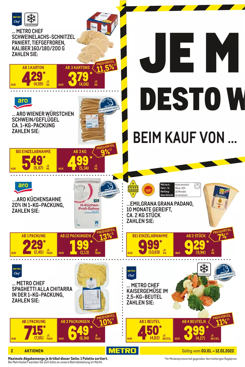 Aktueller Prospekt Metro - GastroJournal - von 03.01 bis 12.01.2022 - strona 2 - produkty: beutel, eis, Geflügel, grana, grana padano, Kaiser, Kaisergemüse, küche, Küchen, Küchensahne, lachs, LG, mac, Metro, milch, padano, Palette, preisvorteil, Rana, regal, reis, sahne, schnitzel, schwein, schweine, Schweinelachs, spaghetti, Ti, tisch, uhr, wein, weine, wiener, wiener würstchen, würstchen