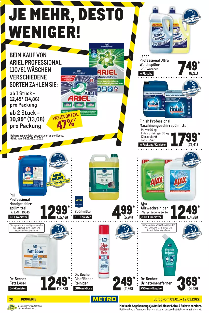 Aktueller Prospekt Metro - GastroJournal - von 03.01 bis 12.01.2022 - strona 20 - produkty: ajax, allzweckreiniger, ariel, auto, Becher, eis, Finish, flasche, geschirr, geschirrspülmittel, klarspüler, lenor, LG, Palette, pril, reiniger, reis, spülmittel, Ti, tisch, weck, weichspüler