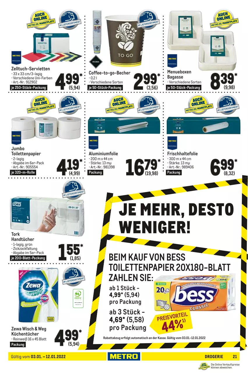 Aktueller Prospekt Metro - GastroJournal - von 03.01 bis 12.01.2022 - strona 21 - produkty: Aluminiumfolie, auto, Becher, eis, frischhaltefolie, handtücher, jumbo, küche, Küchen, küchentücher, LG, papier, reis, Serviette, servietten, Ti, tisch, toilettenpapier, tuc, tücher, zewa