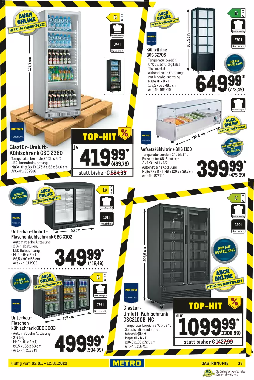 Aktueller Prospekt Metro - GastroJournal - von 03.01 bis 12.01.2022 - strona 33 - produkty: auto, Bau, Behälter, beleuchtung, flasche, Glastür, kühlschrank, rum, Schrank, thermostat, Ti, tisch, vitrine