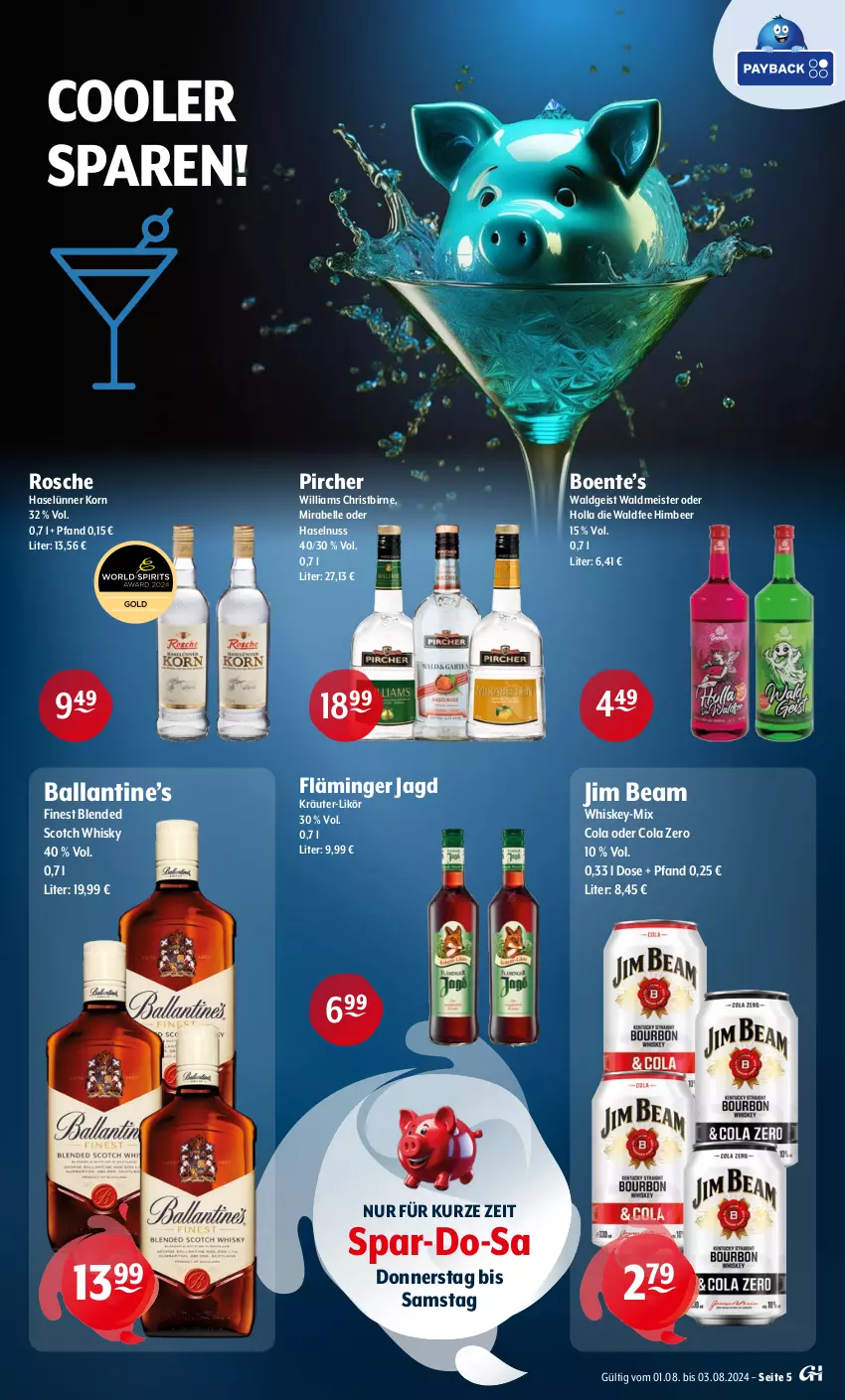 Aktueller Prospekt Getraenke Hoffmann - Prospekte - von 01.08 bis 03.08.2024 - strona 5 - produkty: ball, blended scotch, blended scotch whisky, cola, eis, elle, ente, haselnuss, himbeer, jim beam, korn, kräuter, likör, Meister, nuss, pircher, scotch, scotch whisky, Ti, waldmeister, whiskey, whisky