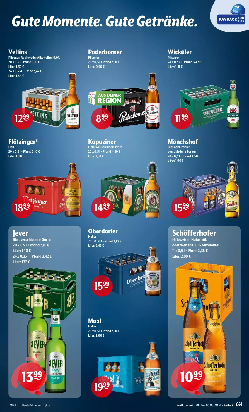 Aktueller Prospekt Getraenke Hoffmann - Prospekte - von 01.08 bis 03.08.2024 - strona 7 - produkty: alkohol, bier, elle, ente, getränk, getränke, Hefe, hefeweizen, jever, Maxl Helles, mönchshof, natur, oder radler, pils, pilsener, radler, schöfferhofer, Ti, veltins, veltins pilsener, WICK