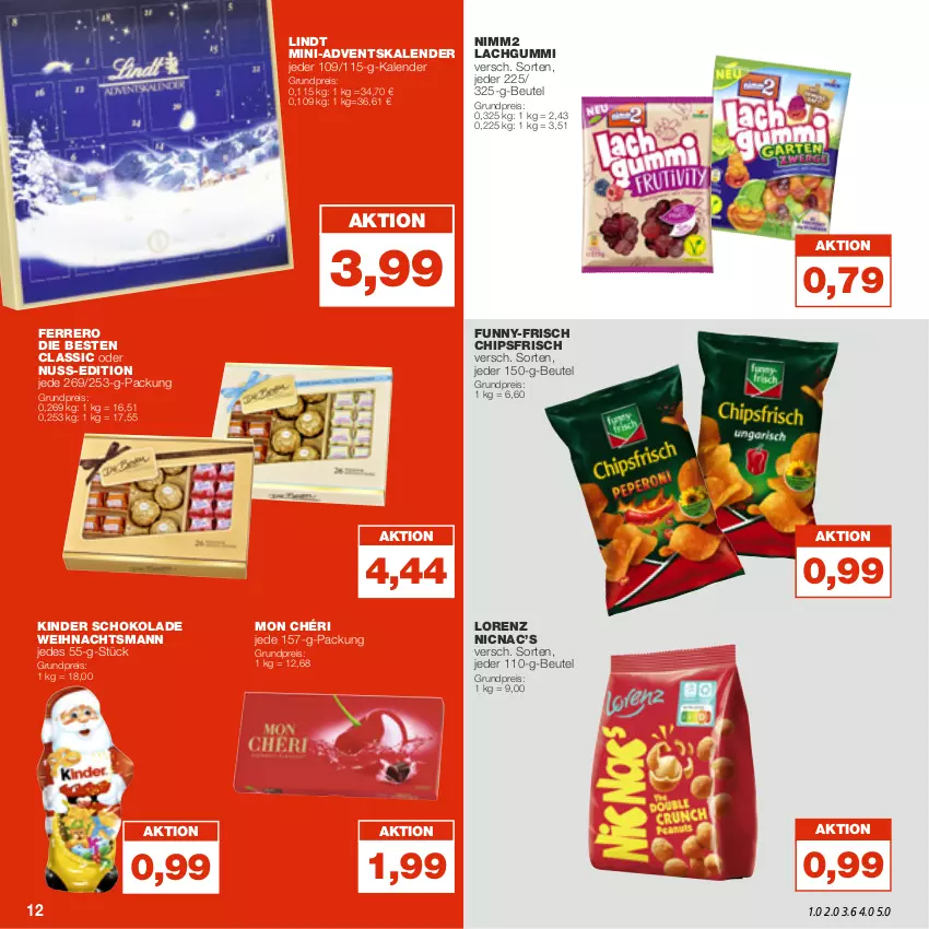 Aktueller Prospekt Real - von 21.11 bis 26.11.2022 - strona 12 - produkty: Adventskalender, beutel, chips, chipsfrisch, eis, ferrero, funny-frisch, Kinder, kinder schokolade, lachgummi, lindt, lorenz, Mon Chéri, nimm2, nuss, reis, schoko, schokolade, Ti