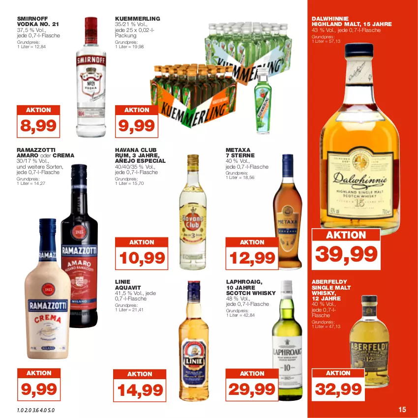 Aktueller Prospekt Real - von 21.11 bis 26.11.2022 - strona 15 - produkty: amaro, aqua, aquavit, eis, flasche, Havana Club, kuemmerling, laphroaig, merl, Metaxa, rama, ramazzott, ramazzotti, reis, rum, scotch, scotch whisky, single malt, smirnoff, Ti, vodka, whisky, zott