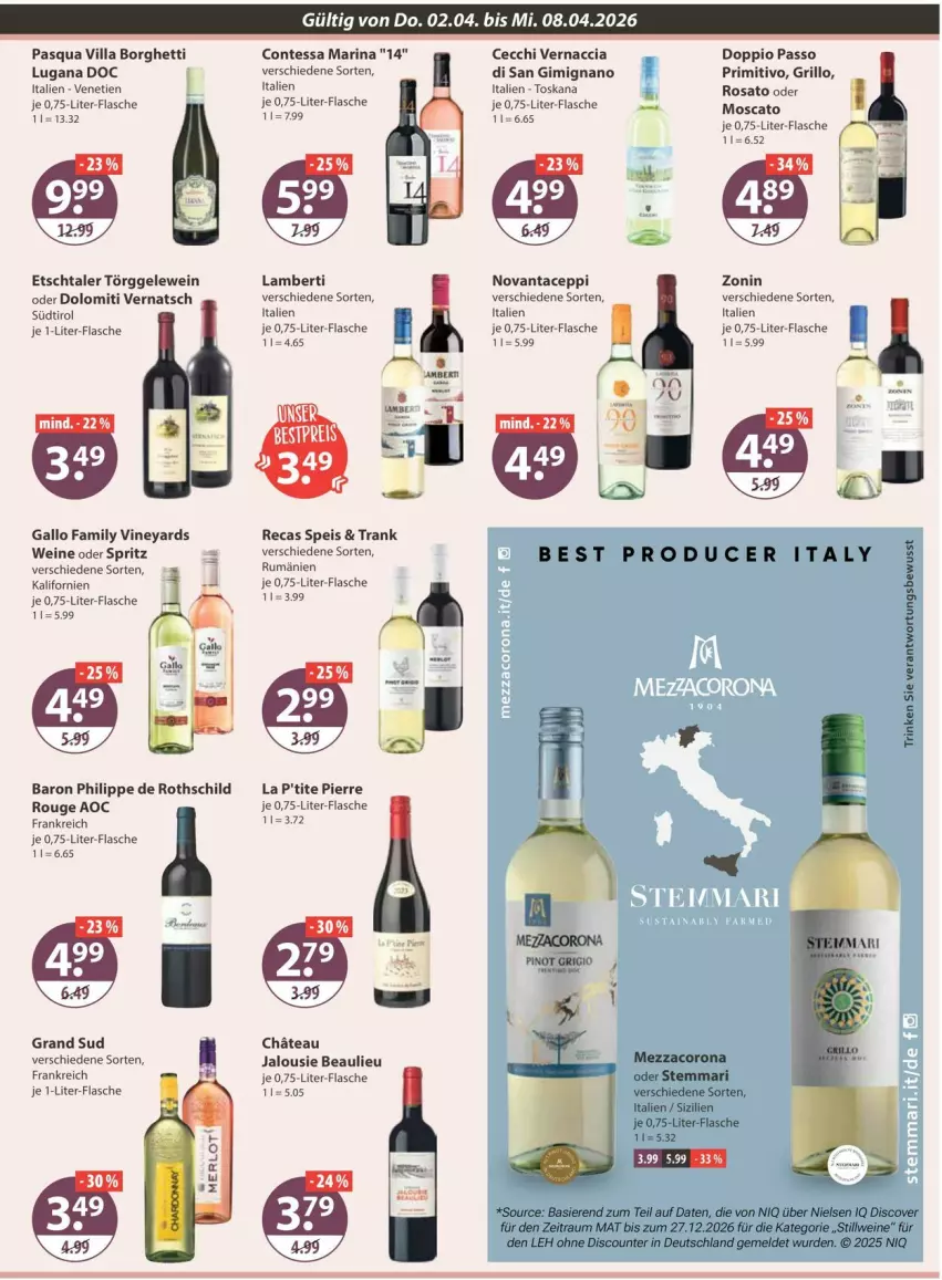 Aktueller Prospekt Vmarkt - Prospekte - von 02.04 bis 08.04.2026 - strona 15 - produkty: ACC, Amber, corona, discount, doppio passo, eis, flasche, gallo, gallo family, grand sud, grill, grillo, je 1-liter-flasche, mezzacorona, passo, primitivo, rosato, rouge, rum, Ti, wein, weine, zonin