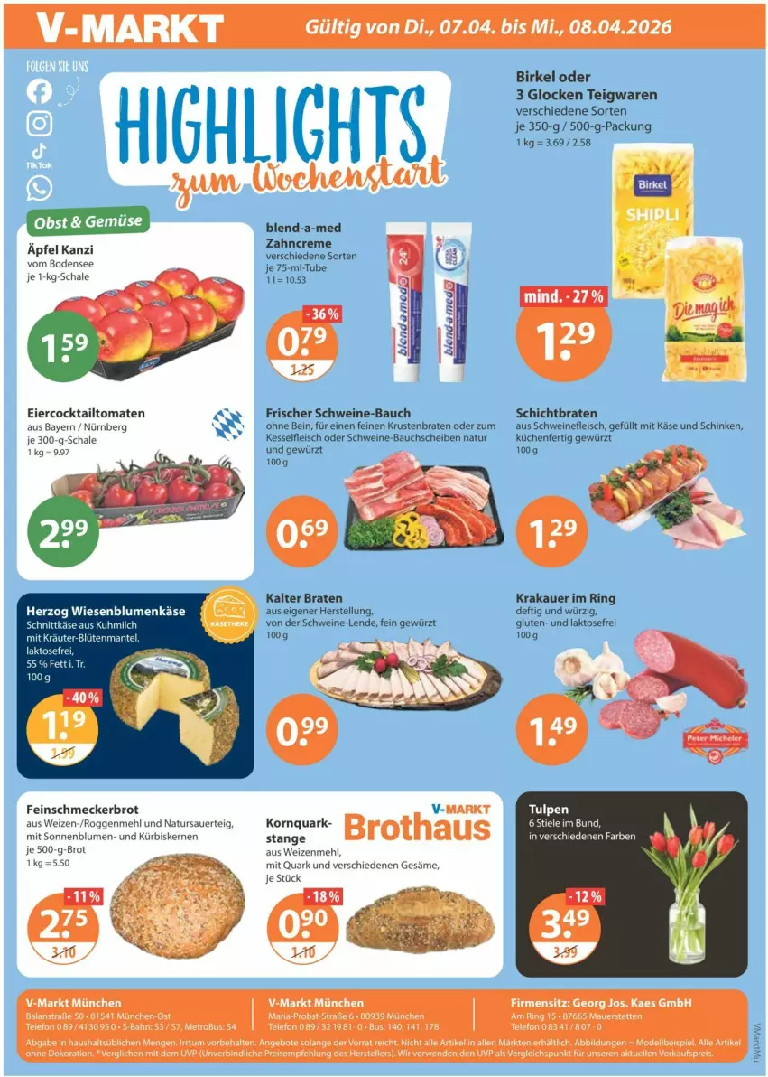 Aktueller Prospekt Vmarkt - Prospekte - von 02.04 bis 08.04.2026 - strona 24 - produkty: angebot, angebote, auer, Bau, bauchscheiben, birkel, blend-a-med, blume, blumen, braten, brot, cocktail, creme, dekoration, dell, eier, eis, elle, feinschmecker, fleisch, gewürz, je 500-g-brot, kaes, Käse, korn, krakauer, krustenbraten, küche, Küchen, Kürbis, kürbiskerne, mehl, Metro, milch, Mode, natur, obst, quark, reis, Ria, ring, rwe, Schal, Schale, schinken, schnittkäse, schwein, schweine, schweine-bauch, schweine-bauchscheiben, schweinefleisch, sonnenblume, sonnenblumen, teigwaren, telefon, teller, Ti, tomate, tomaten, wein, weine, weizenmehl, zahncreme