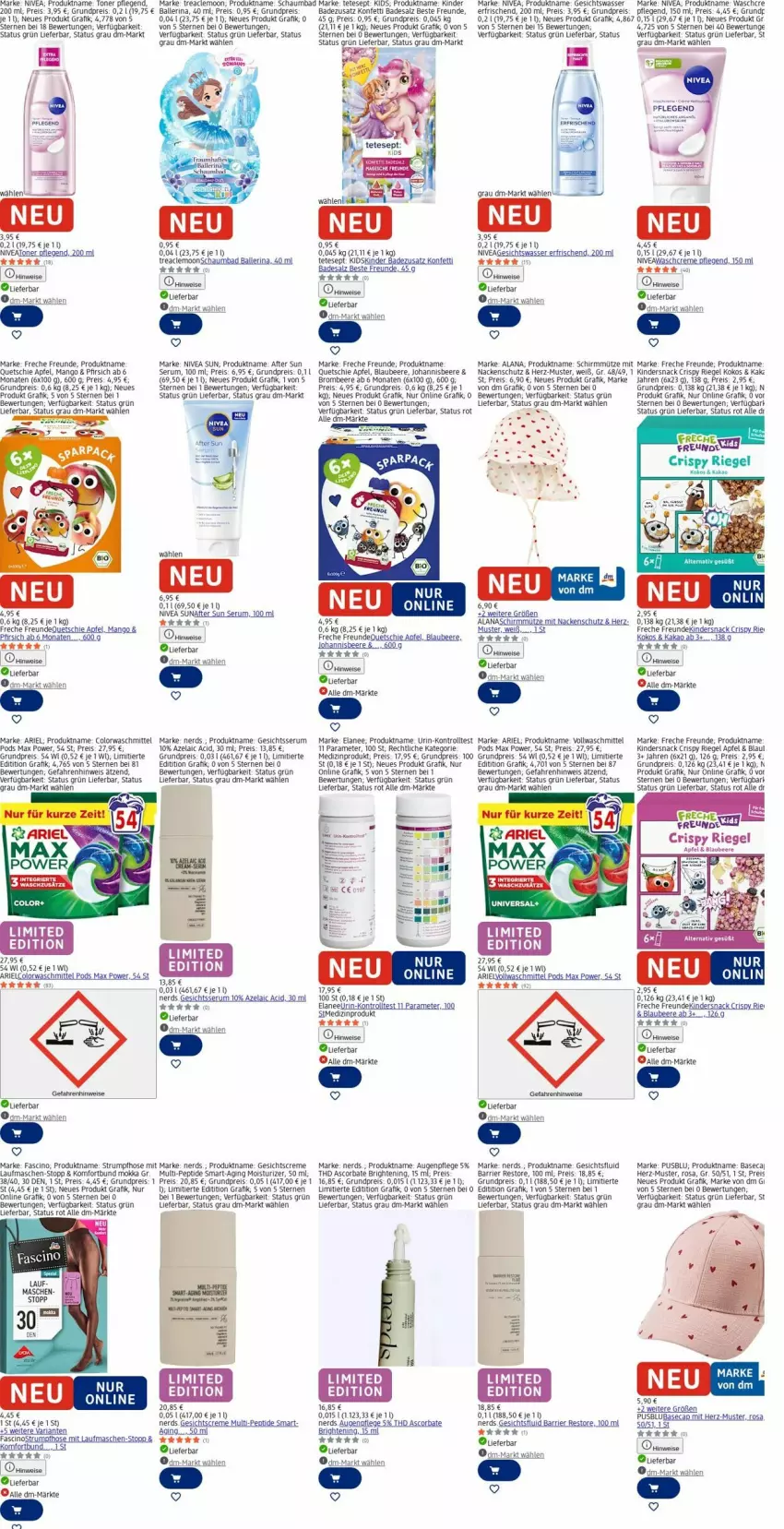 Aktueller Prospekt Dm Drogerie - Prospekte - von 23.03 bis 01.04.2026 - strona 27 - produkty: after sun, Alwa, apfel, ariel, Augenpflege, Bad, ball, beere, Blaubeer, blaubeere, brombeere, Cap, cin, colorwaschmittel, creme, eis, Elan, freche freunde, Gesichtscreme, Gesichtswasser, gin, hose, johannisbeere, kakao, Kinder, kokos, leine, mango, medizinprodukt, Mütze, nivea, nivea sun, pfirsich, Pods, reis, Ria, riegel, rum, salz, schaumbad, Serum, snack, Strumpfhose, tee, Ti, Toner, usb, vollwaschmittel, waschmittel, wasser, Wels