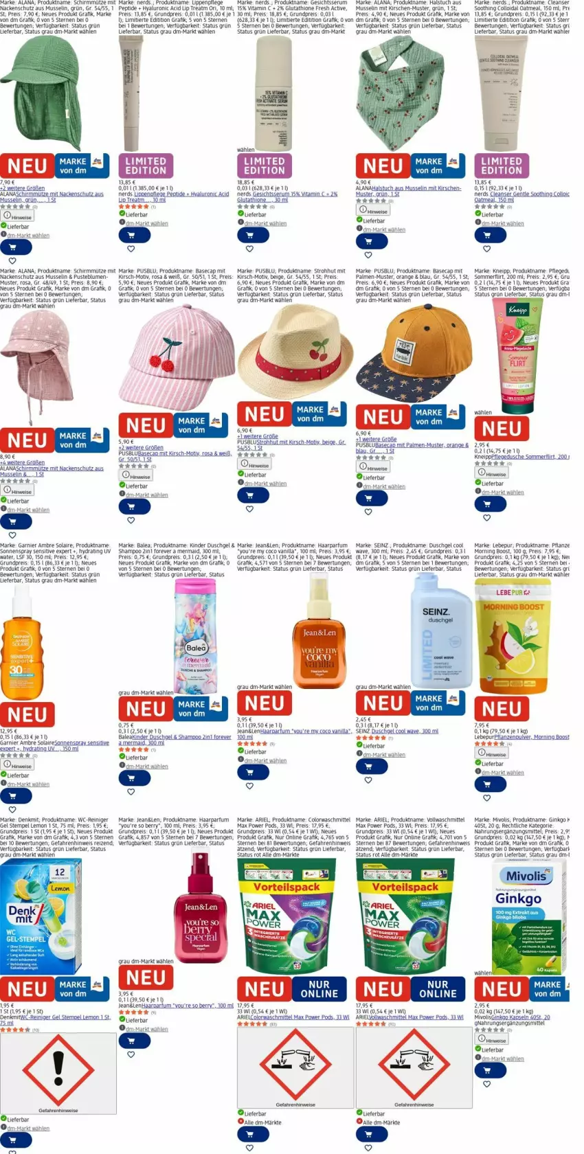 Aktueller Prospekt Dm Drogerie - Prospekte - von 23.03 bis 01.04.2026 - strona 28 - produkty: Ambre Solaire, ariel, Bau, blume, blumen, Cap, colorwaschmittel, dusche, duschgel, eis, garnier, gin, hyaluron, Kinder, kirsch, kirsche, kirschen, kneipp, Lippenpflege, Mütze, orange, parfum, pflanze, pflanzen, pflegedusche, Pods, reiniger, reis, rum, Serum, shampoo, sonnenspray, Strohhut, Ti, tuc, usb, vita, Vitamin C, vollwaschmittel, waschmittel, wc-reiniger, Wels, Yo