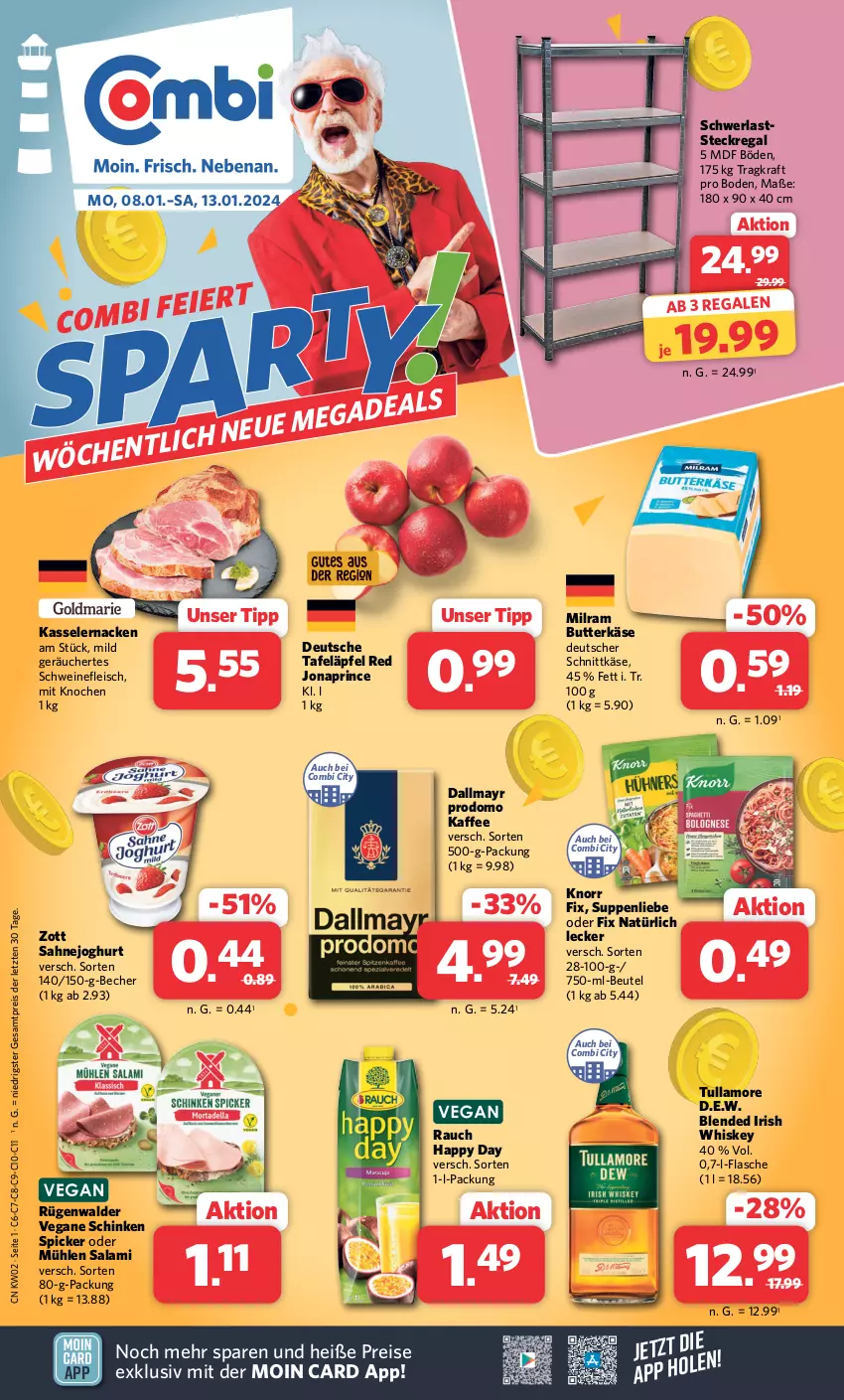 Aktueller Prospekt Combi - Prospekte - von 08.01 bis 13.01.2024 - strona 1 - produkty: Becher, beutel, butter, butterkäse, dallmayr, dallmayr prodomo, deutscher schnittkäse, Eckregal, eis, flasche, fleisch, Happy Day, irish whiskey, joghur, joghurt, kaffee, Käse, kasseler, knorr, knorr fix, kraft, milram, prodomo, Rauch, regal, reis, rügenwalder, sahne, Sahnejoghurt, salami, schinken, schinken spicker, schnittkäse, schwein, schweine, schweinefleisch, steckregal, suppe, suppen, suppenliebe, tafeläpfel, Ti, tullamore, wein, weine, whiskey, zott, ZTE