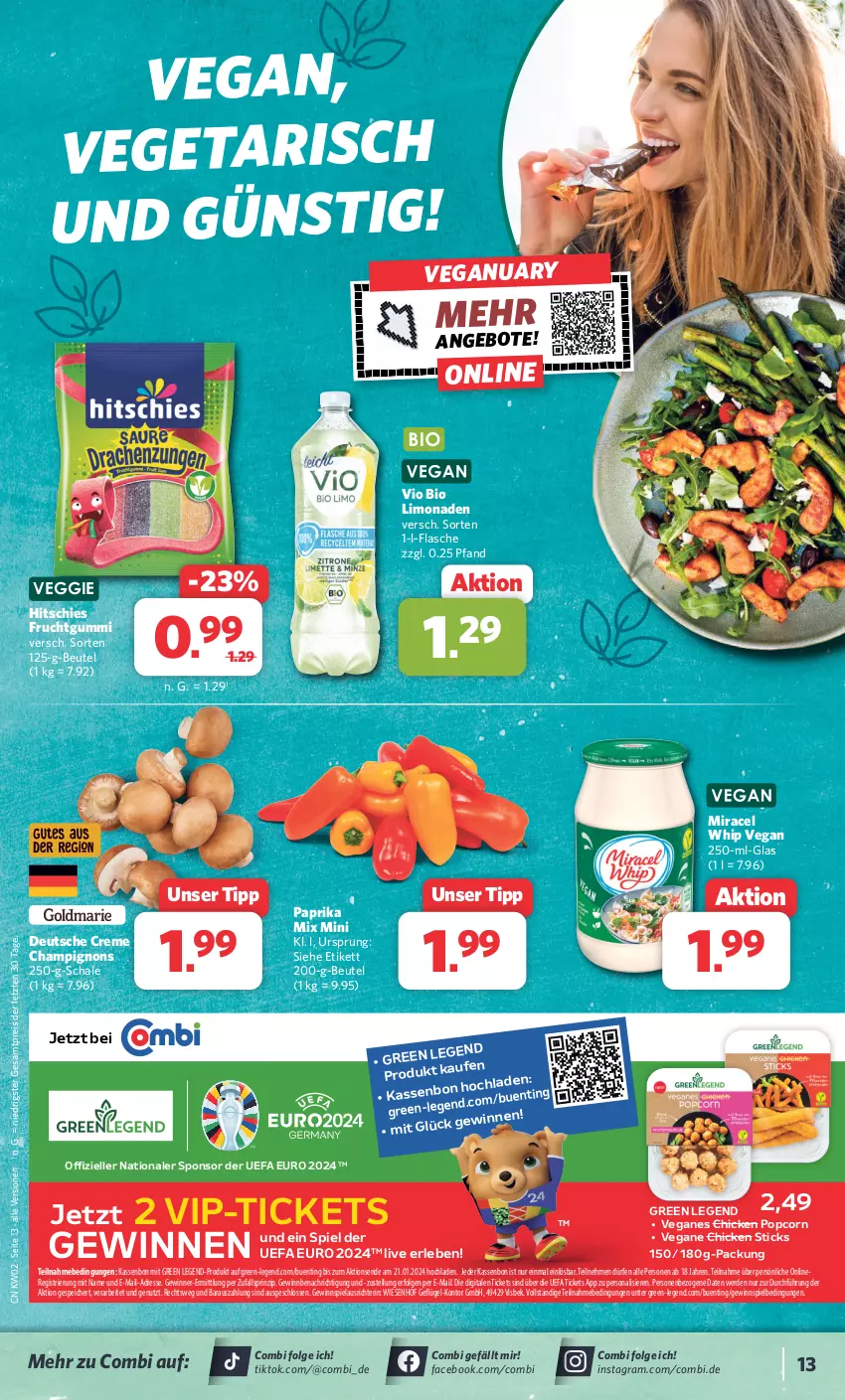 Aktueller Prospekt Combi - Prospekte - von 08.01 bis 13.01.2024 - strona 13 - produkty: beutel, bio, bio limo, champignon, champignons, creme, eis, elle, erde, flasche, frucht, fruchtgummi, Geflügel, gewinnspiel, LG, limo, limonade, limonaden, miracel, miracel whip, paprika, paprika mix, Persona, popcorn, reis, Schal, Schale, Ti, Vegeta, veggie, vio bio limo, wiesenhof, ZTE