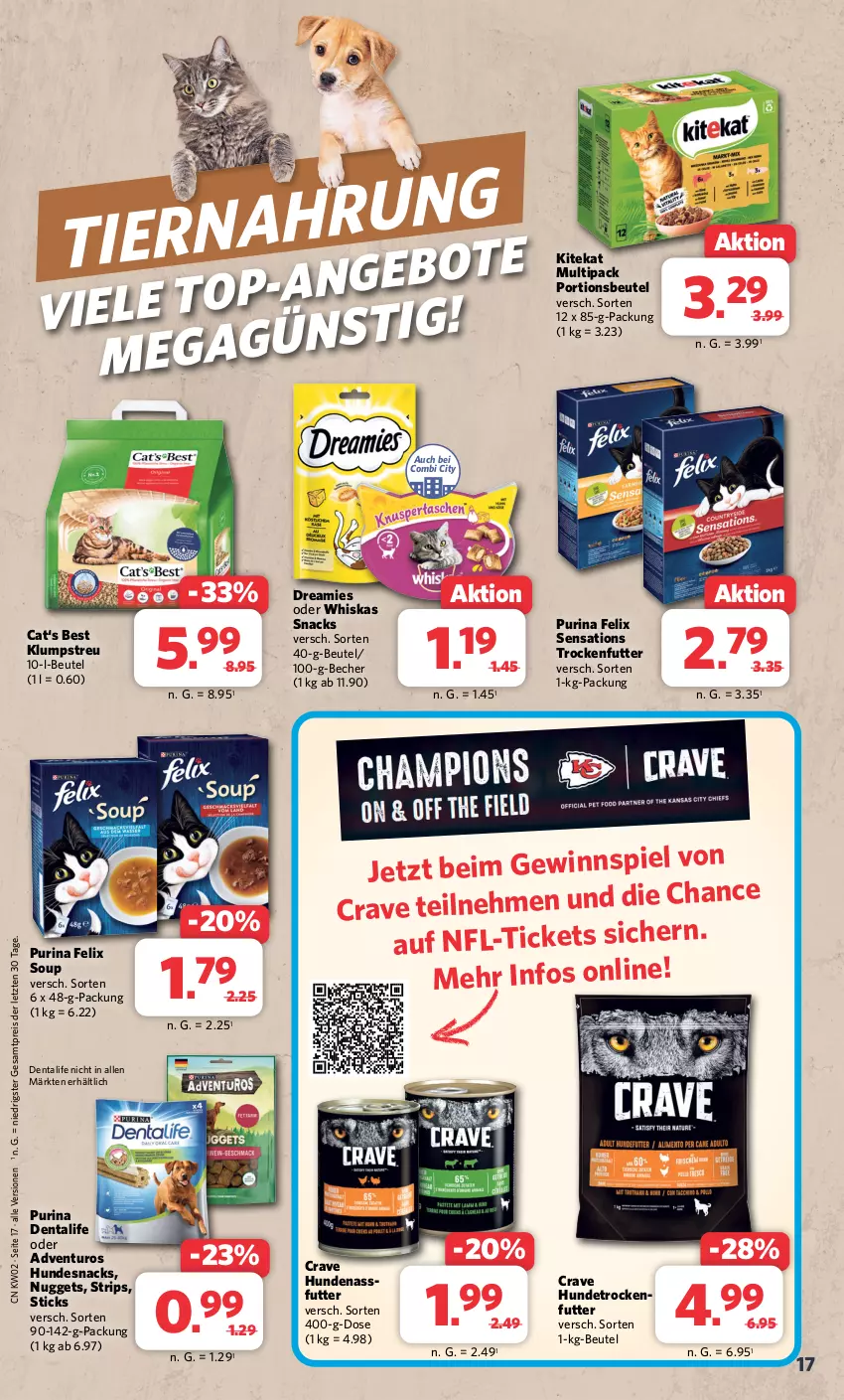 Aktueller Prospekt Combi - Prospekte - von 08.01 bis 13.01.2024 - strona 17 - produkty: adventuros, Becher, beutel, dreamies, eis, felix, hundesnack, hundesnacks, kitekat, klumpstreu, nassfutter, nuggets, portionsbeutel, purina, reis, sensations, snack, snacks, Ti, trockenfutter, whiskas, ZTE