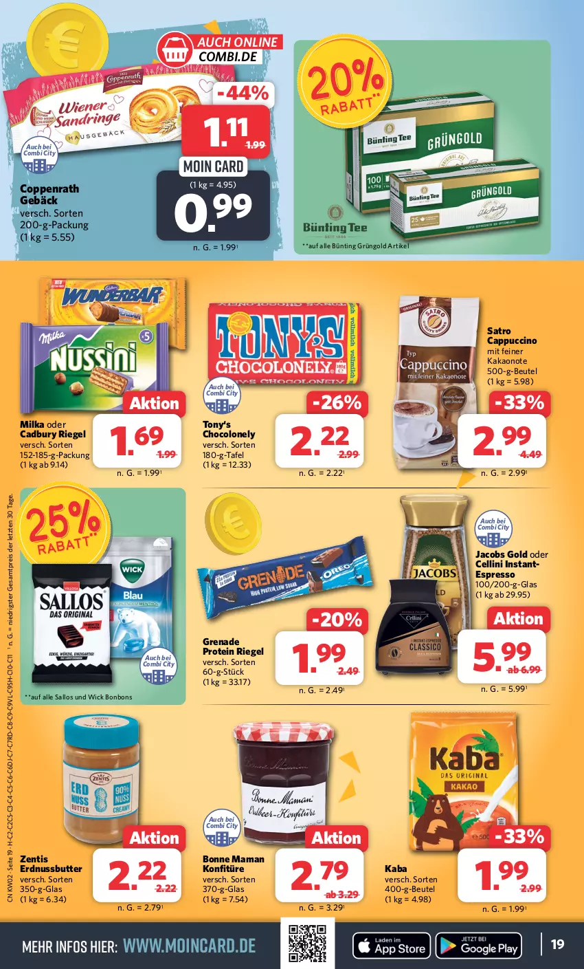 Aktueller Prospekt Combi - Prospekte - von 08.01 bis 13.01.2024 - strona 19 - produkty: beutel, bonbons, bonne maman, butter, Cap, cappuccino, cin, coppenrath, Coppenrath Gebäck, eis, erdnuss, Erdnussbutter, espresso, jacobs, Jacobs Gold, kakao, konfitüre, mam, milka, nuss, reis, riegel, Ti, WICK, zentis, ZTE