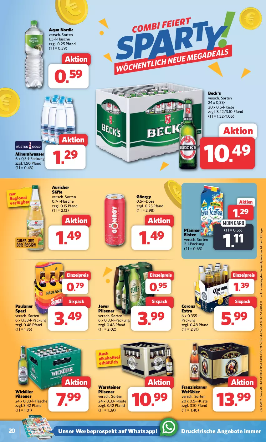 Aktueller Prospekt Combi - Prospekte - von 08.01 bis 13.01.2024 - strona 20 - produkty: alkohol, Alwa, angebot, angebote, aqua, bier, corona, corona extra, eis, eistee, flasche, franziskaner, jever, jever pilsener, mineralwasser, Paula, paulaner, pfanne, Pfanner, pils, pilsener, reis, säfte, Spezi, steiner, tee, Ti, warsteiner, wasser, WICK, ZTE