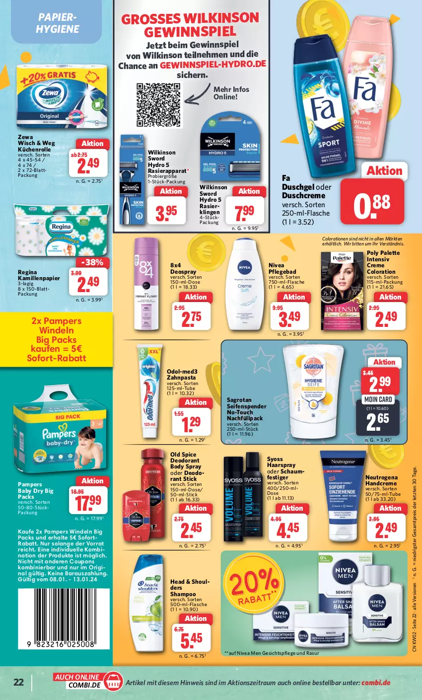 Aktueller Prospekt Combi - Prospekte - von 08.01 bis 13.01.2024 - strona 22 - produkty: Bad, bier, body, Colorationen, coupon, coupons, creme, deo, deodorant, deospray, duschcreme, duschgel, eis, elle, fa duschgel, flasche, gesichtspflege, gewinnspiel, gin, haarspray, handcreme, Kamill, kamille, küche, Küchen, küchenrolle, neutrogena, nivea, Nivea Men, oder schaumfestiger, Odol, Old Spice, Palette, pampers, pampers baby dry, papier, pasta, rasierapparat, reis, sagrotan, schaumfestiger, Seife, seifenspender, shampoo, sofort-rabatt, sofortrabatt, syoss, Ti, wilkinson, windeln, Yo, zahnpasta, zewa, ZTE