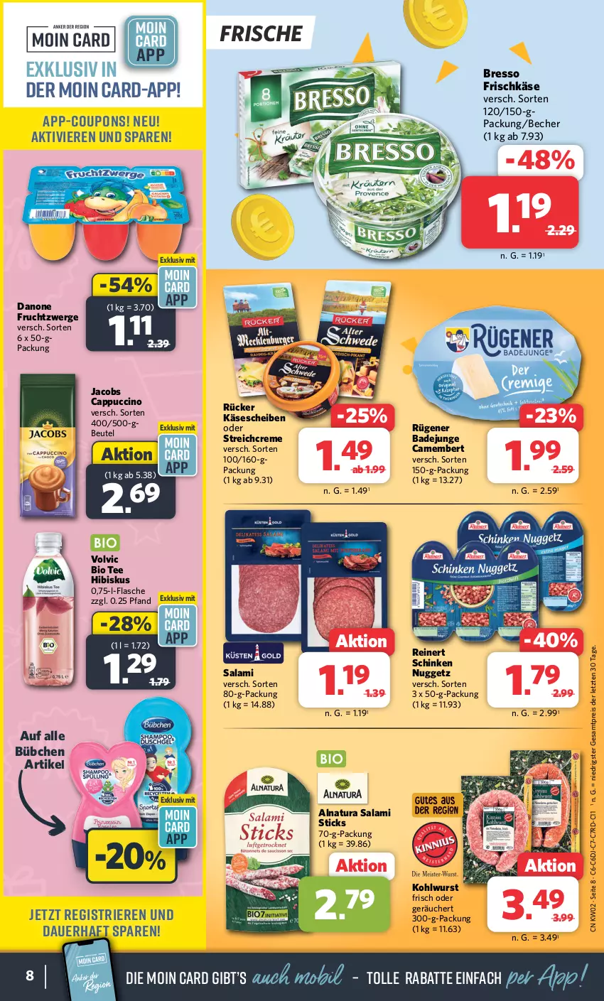 Aktueller Prospekt Combi - Prospekte - von 08.01 bis 13.01.2024 - strona 8 - produkty: auer, Bad, Becher, beutel, bio, bresso, bübchen, camembert, Cap, cappuccino, cin, coupon, coupons, creme, danone, danone fruchtzwerge, eis, flasche, frischkäse, frucht, fruchtzwerge, jacobs, Käse, käsescheiben, natur, natura, reinert, reis, Rügener, rügener badejunge, salami, schinken, tee, Ti, volvic, wurst, ZTE