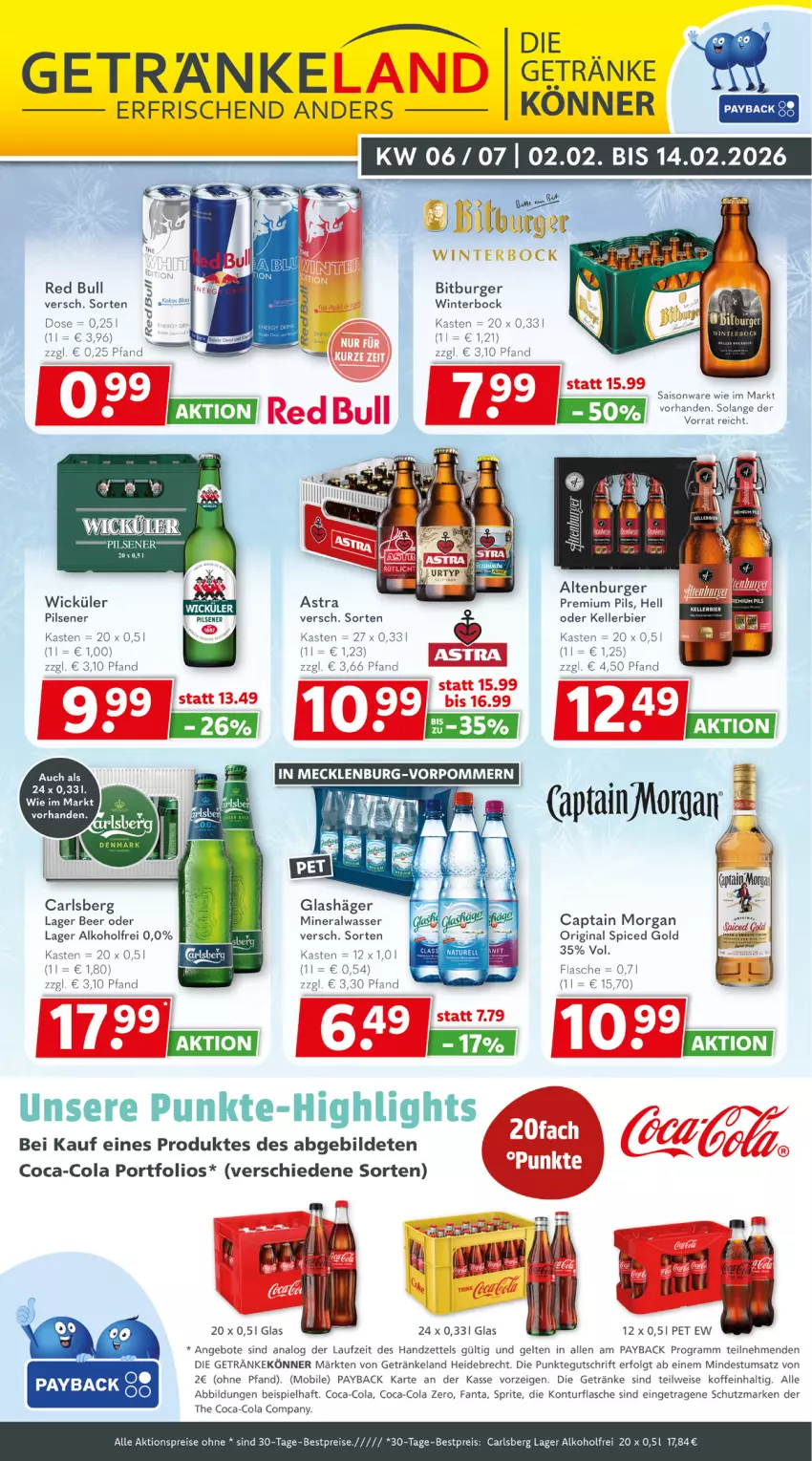 Aktueller Prospekt Getraenkeland - von 01.02 bis 13.02.2026 - strona 1 - produkty: aktionspreis, alkohol, altenburger, Alwa, angebot, angebote, bestpreis, bestpreise, bier, bitburger, burger, Cap, captain morgan, carlsberg, coca-cola, cola, eis, Elan, elle, fanta, flasche, getränk, getränke, gin, kellerbier, LG, mineralwasser, original spiced gold, payback, pils, pilsener, premium pils, red bull, reis, sprite, tee, Ti, wasser, WICK