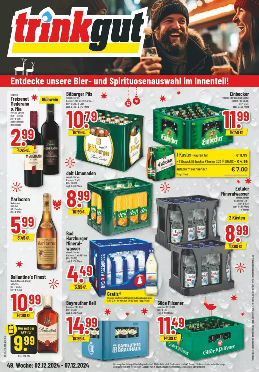 Aktueller Prospekt Trinkgut - Prospekte - von 01.12 bis 07.12.2024 - strona 1 - produkty: Alwa, angebot, asti, Bad, ball, bier, bitburger, bitburger pils, blended scotch, blended scotch whisky, burger, Extaler, flasche, freixenet, Glühwein, mariacron, mineralwasser, pils, pilsener, Ria, scotch, scotch whisky, Spezi, Ti, wasser, wein, whisky