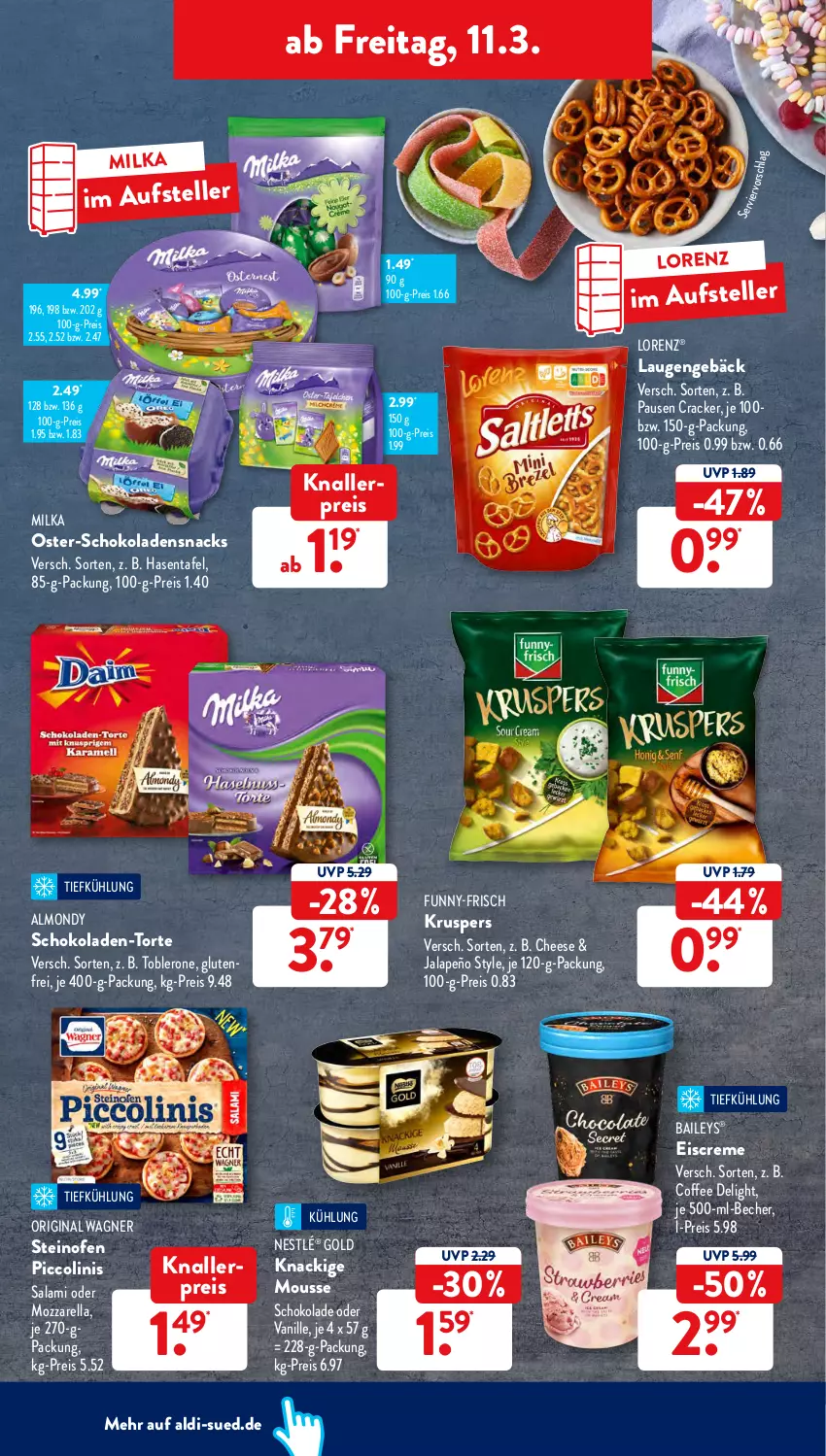 Aktueller Prospekt AldiSud - ALDI Aktuell - von 07.03 bis 12.03.2022 - strona 36 - produkty: aldi, baileys, Becher, cracker, creme, eis, eiscreme, elle, funny-frisch, gin, jalapeño, Knackige Mousse, knallerpreis, lorenz, milka, mousse, mozzarella, nestlé, Ofen, original wagner, piccolinis, reis, rel, salami, schoko, schokolade, schokoladen, snack, snacks, steinofen, teller, Ti, toblerone, torte, vanille, wagner