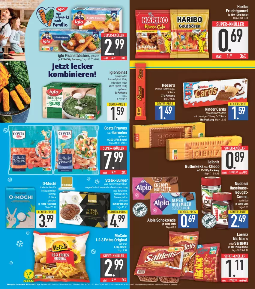 Aktueller Prospekt E Center - Angebote der Woche - von 08.05 bis 13.05.2023 - strona 14 - produkty: alpia, beutel, burger, butter, butterkeks, creme, eis, ente, fisch, fischstäbchen, frucht, fruchtgummi, garnelen, gewürz, Gewürzmischung, gin, haribo, haselnuss, iglo, keks, Kinder, leibniz, lorenz, mccain, Mochi, Nougatcreme, Nudossi, nuss, peanut butter, pfeffer, prawns, rahm-spinat, reis, rind, saltletts, salz, schoko, schokolade, sim, spinat, steak, super-knüller, waffeln, ZTE