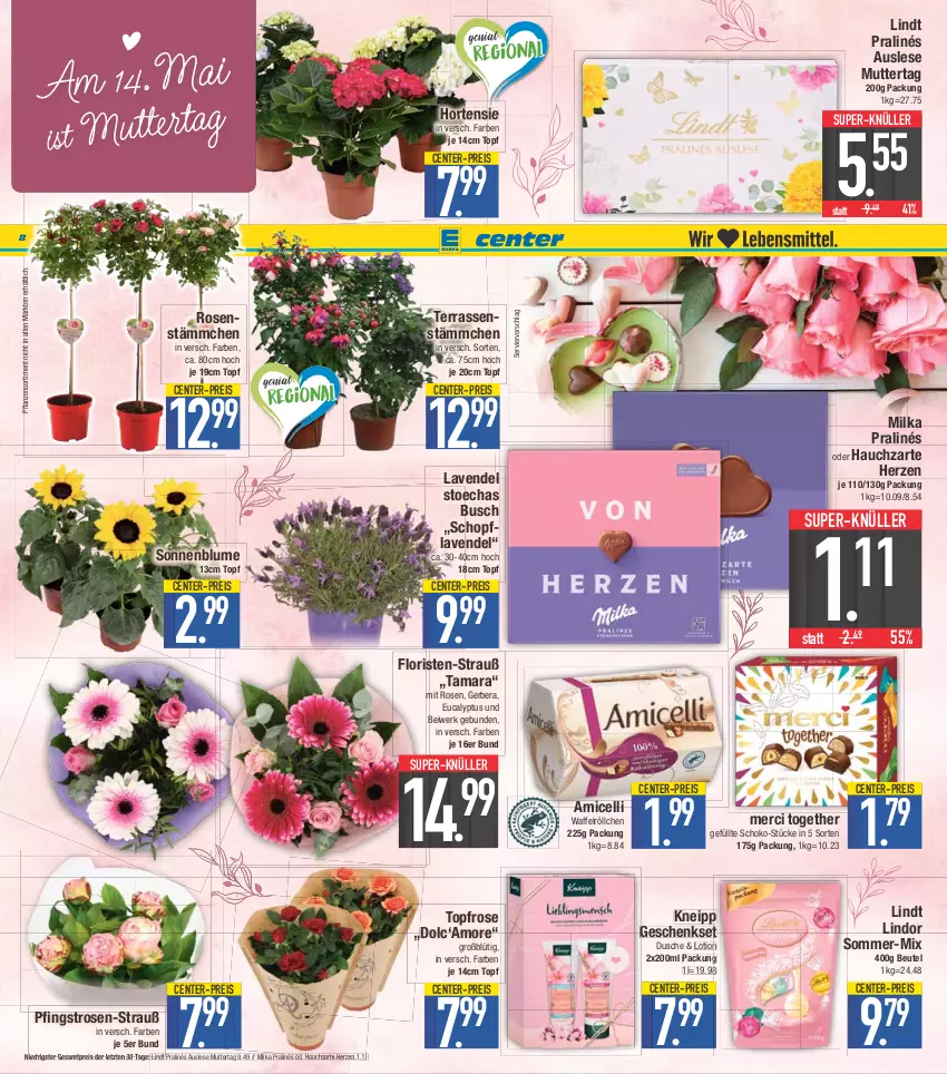 Aktueller Prospekt E Center - Angebote der Woche - von 08.05 bis 13.05.2023 - strona 8 - produkty: amicelli, beutel, blume, dusche, eis, ente, Gerber, geschenkset, hortensie, kneipp, lavendel, lindor, lindt, Lotion, merci, milka, Pfingstrosen, pflanze, pflanzen, reis, rosen, schoko, sonnenblume, super-knüller, Ti, topf, Waffelröllchen, ZTE