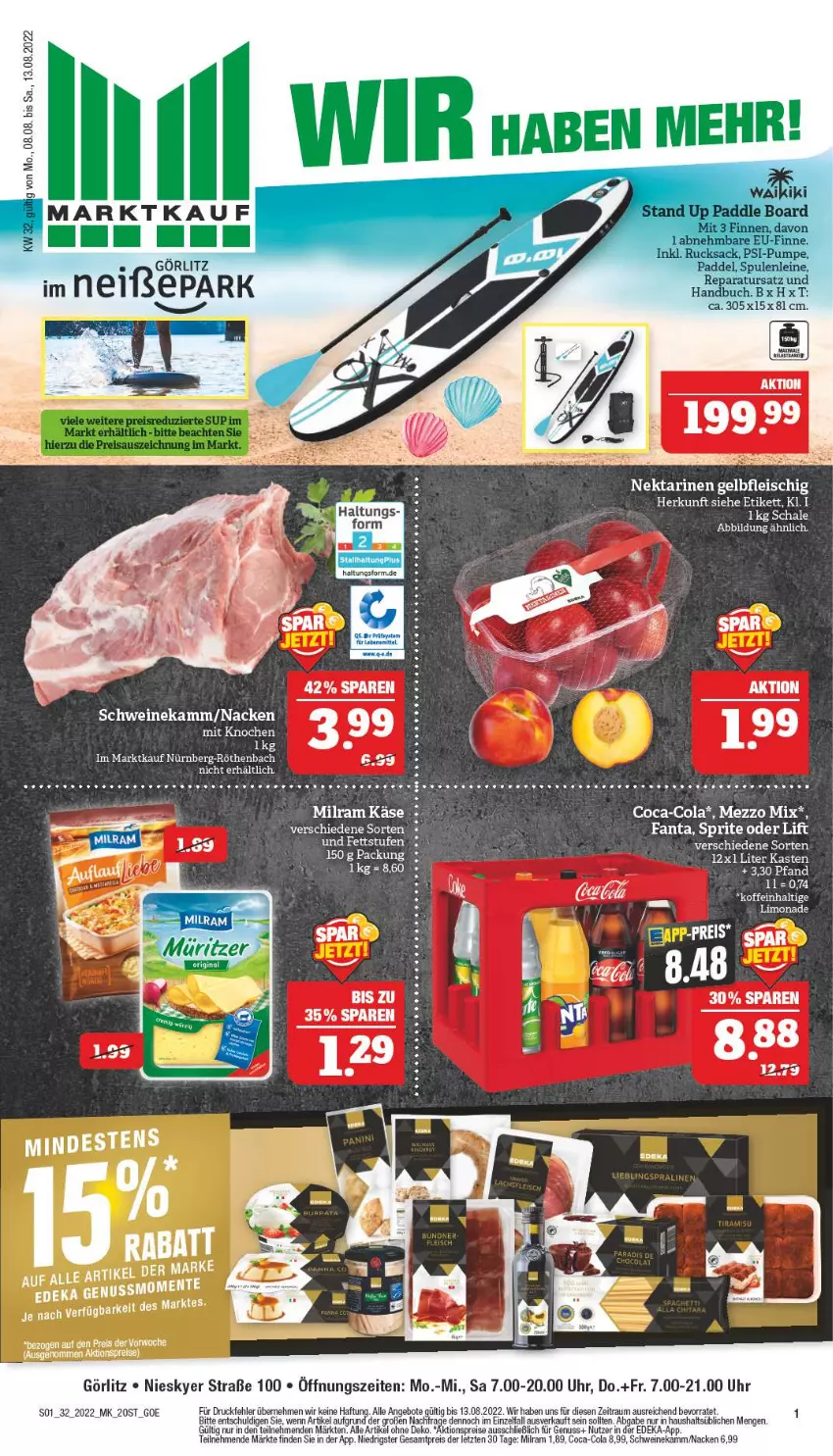 Aktueller Prospekt Marktkauf - Prospekt - von 07.08 bis 13.08.2022 - strona 1 - produkty: aktionspreis, angebot, angebote, buch, coca-cola, cola, deka, eis, ente, fanta, fleisch, Käse, leine, limo, limonade, Mezzo Mix, milram, Nektar, nektarinen, nuss, reis, rucksack, sac, schwein, schweine, sprite, Ti, uhr, wein, weine, ZTE