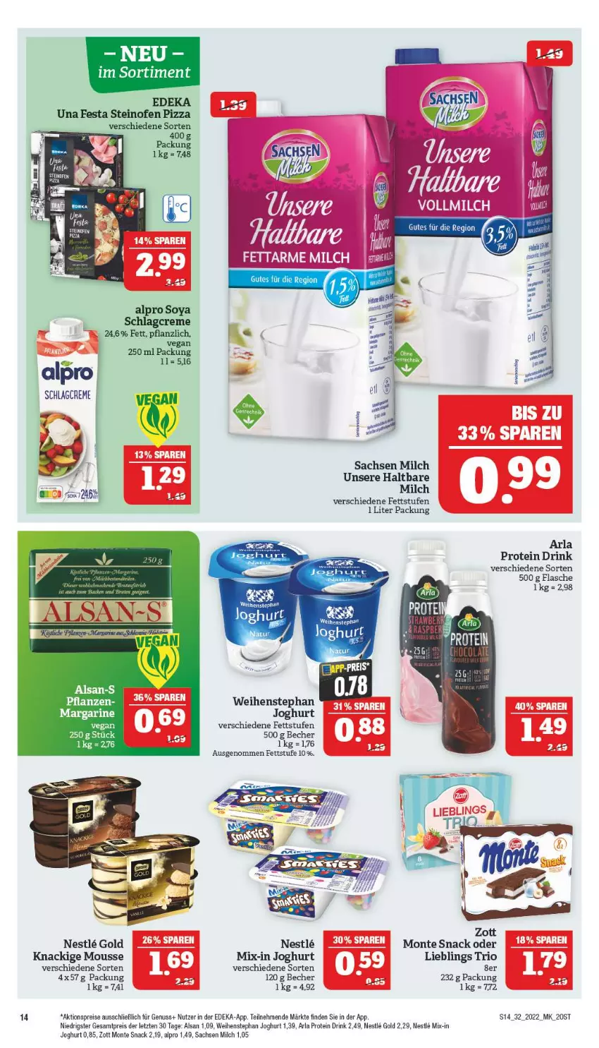 Aktueller Prospekt Marktkauf - Prospekt - von 07.08 bis 13.08.2022 - strona 14 - produkty: aktionspreis, alpro, arla, Becher, creme, deka, drink, eis, flasche, joghur, joghurt, Knackige Mousse, margarine, milch, monte, mousse, nuss, Ofen, pizza, reis, sac, snack, soya, steinofen, steinofen pizza, Ti, weihenstephan, zott, Zott Monte, ZTE