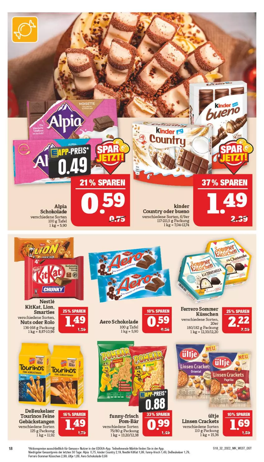 Aktueller Prospekt Marktkauf - Prospekt - von 07.08 bis 13.08.2022 - strona 18 - produkty: aktionspreis, alpia, debeukelaer, deka, eier, eis, ferrero, funny-frisch, Kinder, kinder country, kitkat, linsen, lion, nuss, pom-bär, reis, schoko, schokolade, smarties, Ti, ültje, ZTE